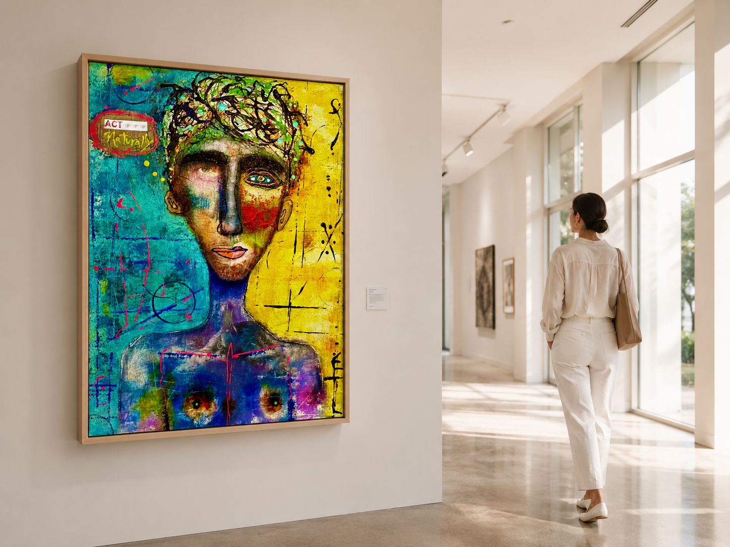 Act Naturally displayed on a white gallery wall beside a bright corridor with a visitor walking away; digital gallery mockup.