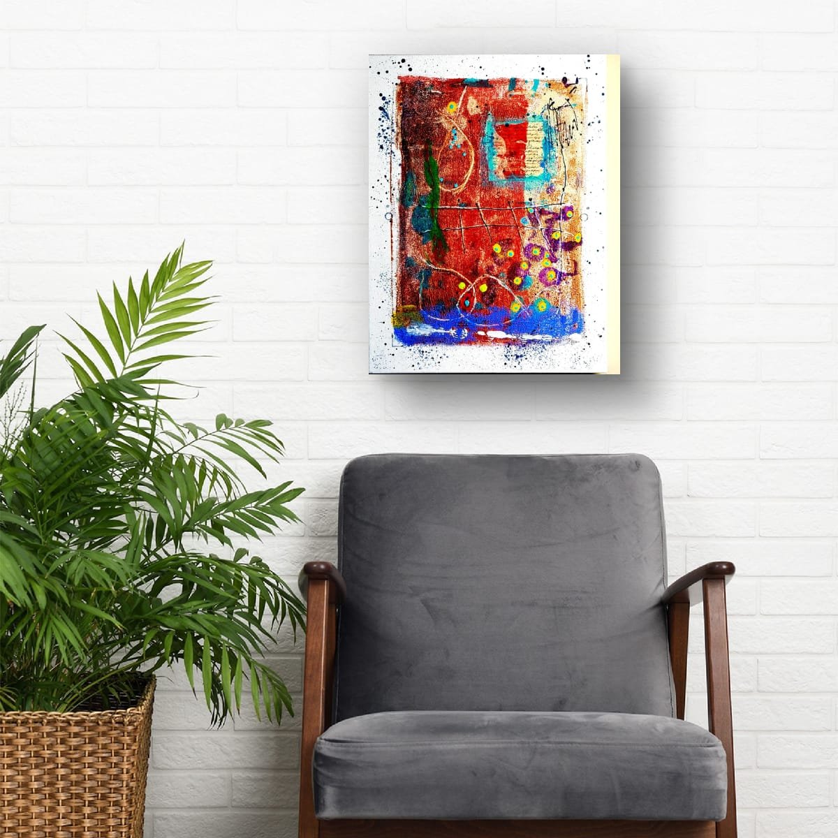 Registered Palimpsest displayed on a white brick wall above a gray armchair with wooden arms, beside a leafy plant in a woven basket; digital room mockup.