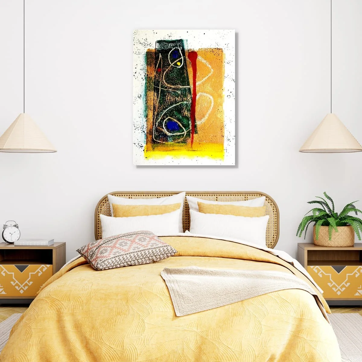 Index Of A Moment displayed above a bed with yellow bedding and white pillows, between two pendant lights and wooden bedside tables; digital room mockup.