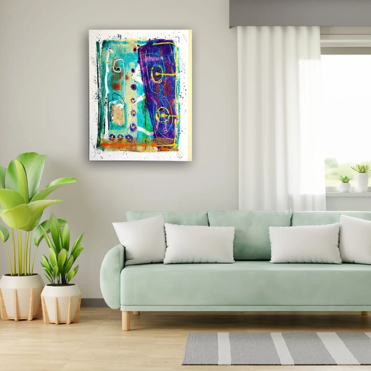 Registered Circuit displayed above a pale green sofa with light cushions, beside leafy plants and a bright window with white curtains; digital room mockup.