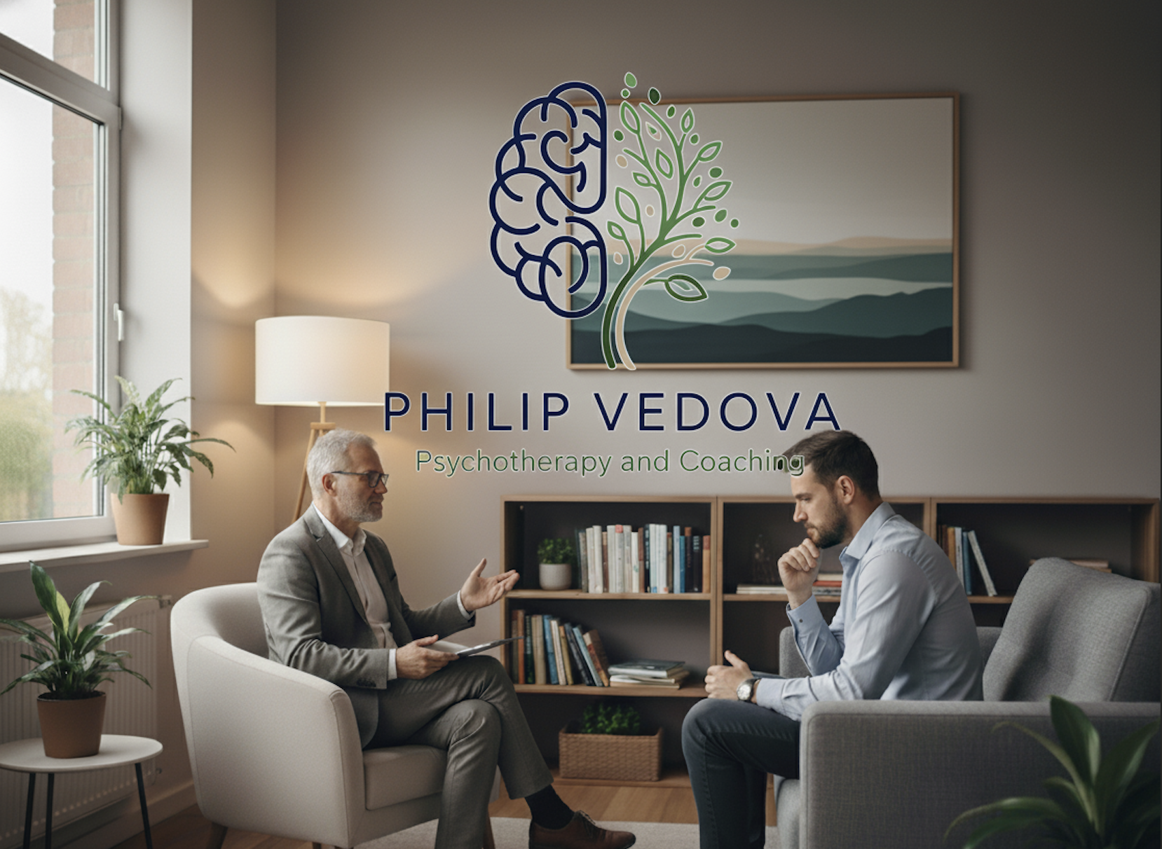 A therapist and a client talking in a cozy office with a window, bookshelf, and plants. The image includes a logo and text for Philip Vedova, Psychotherapy and Coaching.