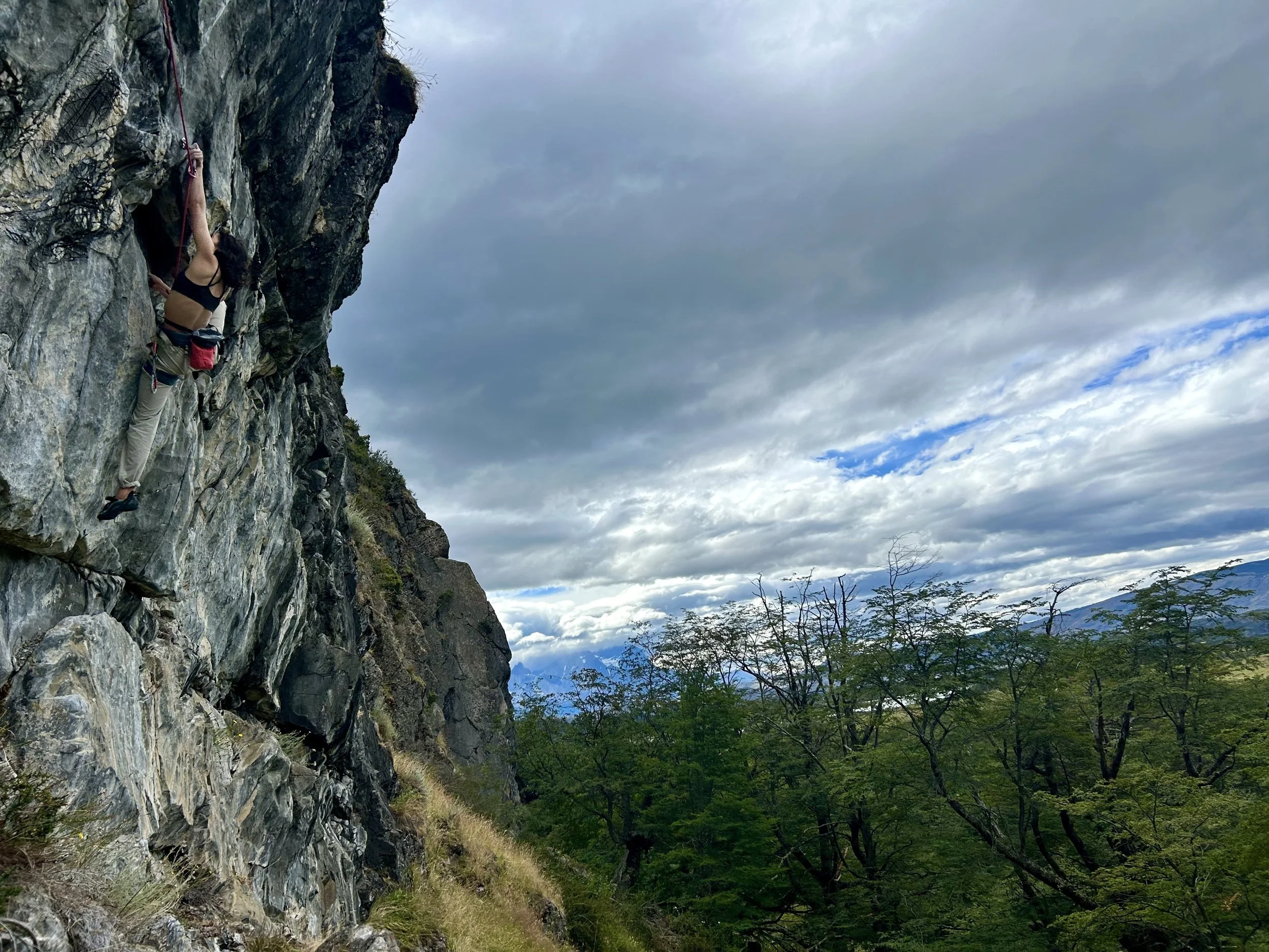 Rock climbing at Rio Nutria, on a guided climbing trip with Paine Mountain Guides, a locally owned and operated guides company that run many different trips in Torres del Paine, Chilean Patagonia.