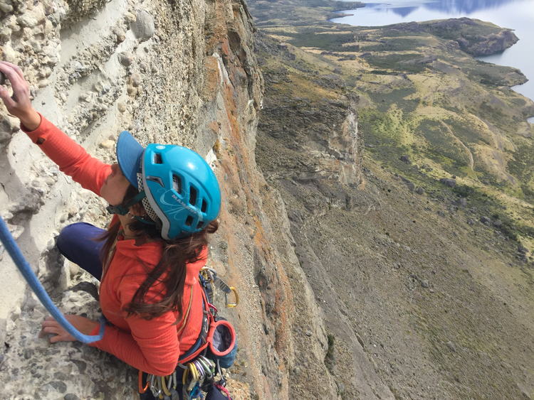 A guest rock climbing at Laguna Sofia, Puerto Natales, on a guiding climbing trip with Paine Mountain Guides, a locally owned and operated guides company that run many different trips in Torres del Paine National Park, Patagonia