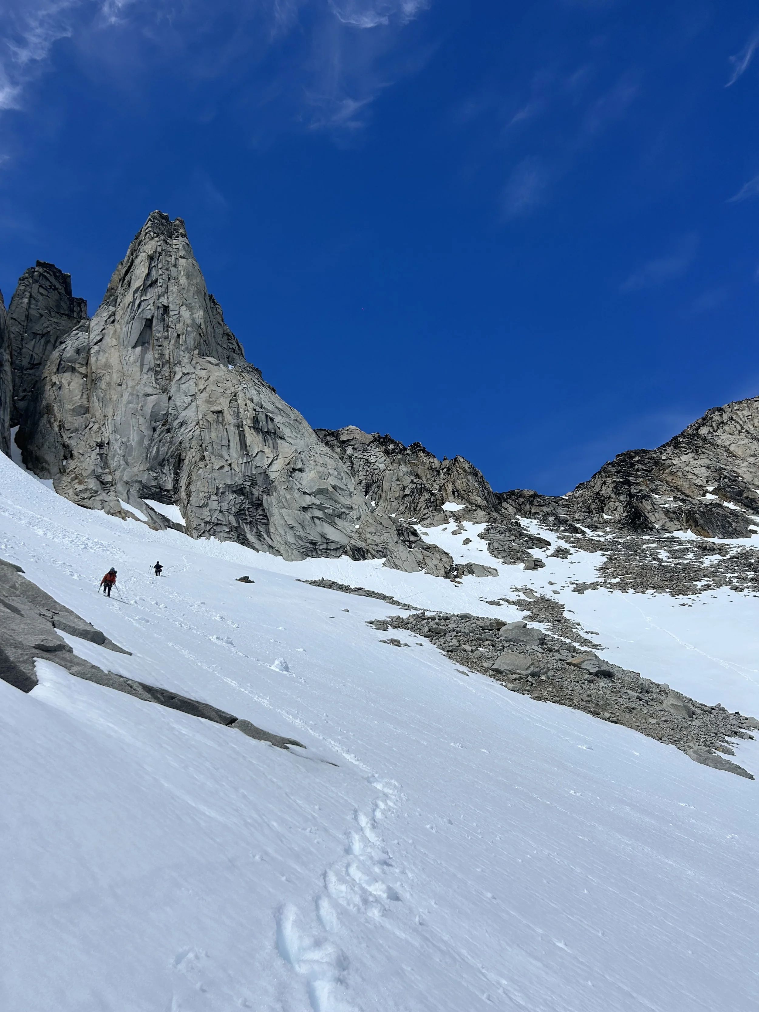 Descending to the Grey Glacier, on the Portales Traverse, on a guided climbing trip with Paine Mountain Guides, a locally owned and operated guides company that run many different trips in Torres del Paine, in Chilean patagonia.