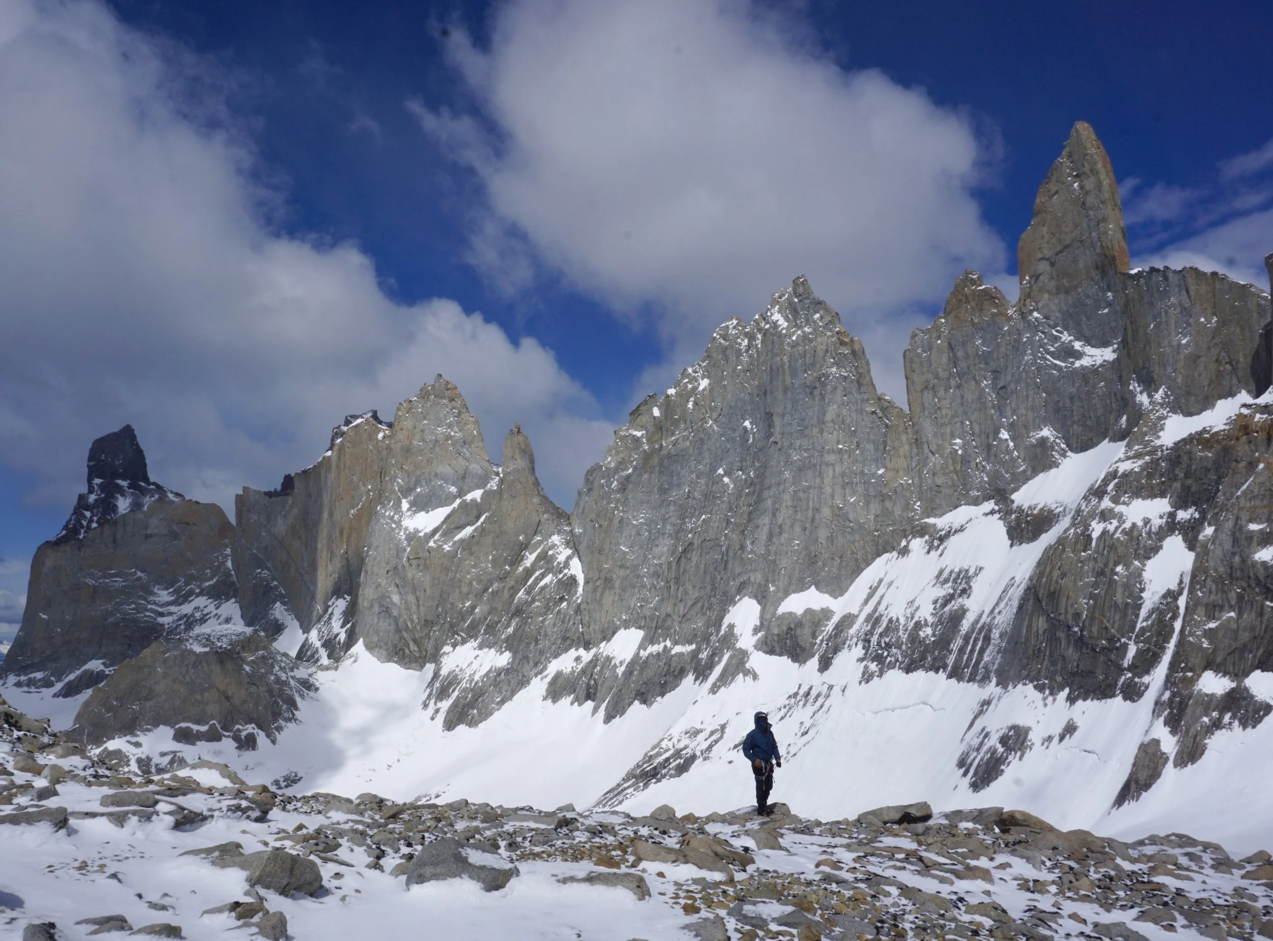 A climber in Valle Bader, on a guided climbing trip with Paine Mountain Guides, a locally owned and operated guides company that run many different trips in Torres del Paine, Chilean Patagonia.