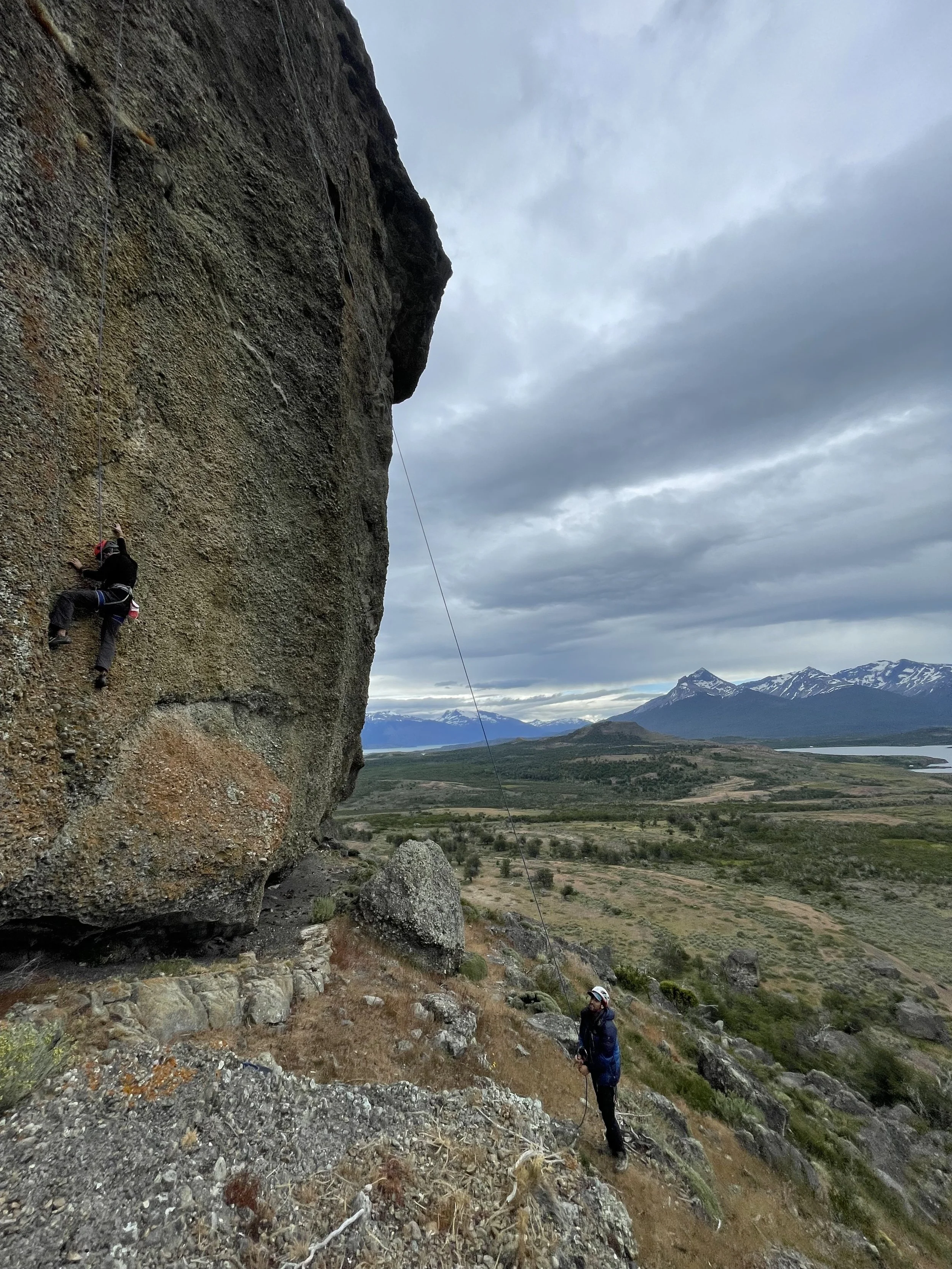 Rock climbing at laguna sofia, on a guided climbing trip with Paine Mountain Guides, a locally owned and operated guides company that run many different trips in Torres del Paine, Chilean Patagonia.
