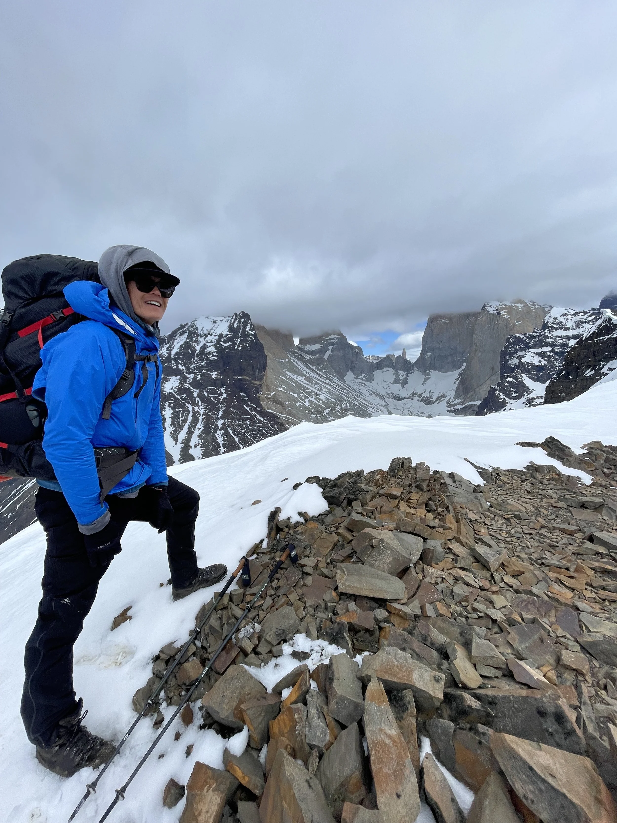 A climber at Paso Oggioni, on a guided climbing trip with Paine Mountain Guides, a locally owned and operated guides company that run many different trips in Torres del Paine, in Chilean patagonia.