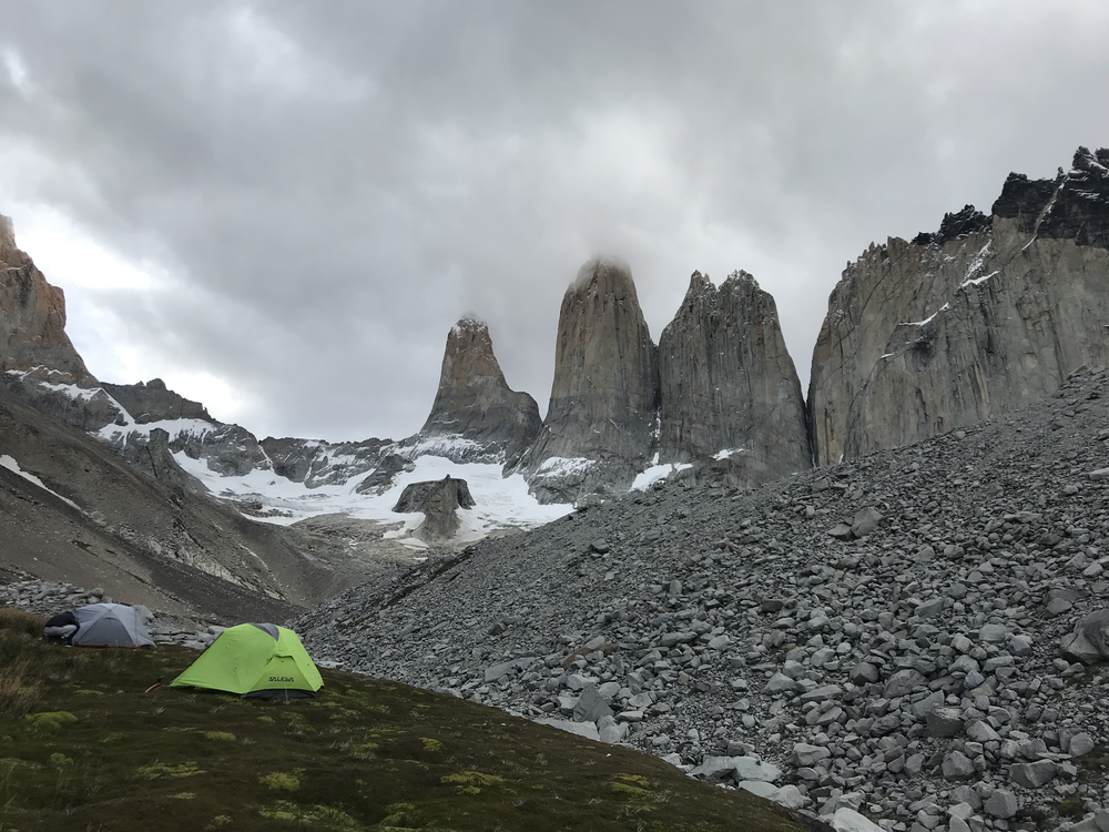 Climbers base camp on a guided trip with Paine Mountain Guides, below the famous Torres del Paine, in Torres del Paine National Park.