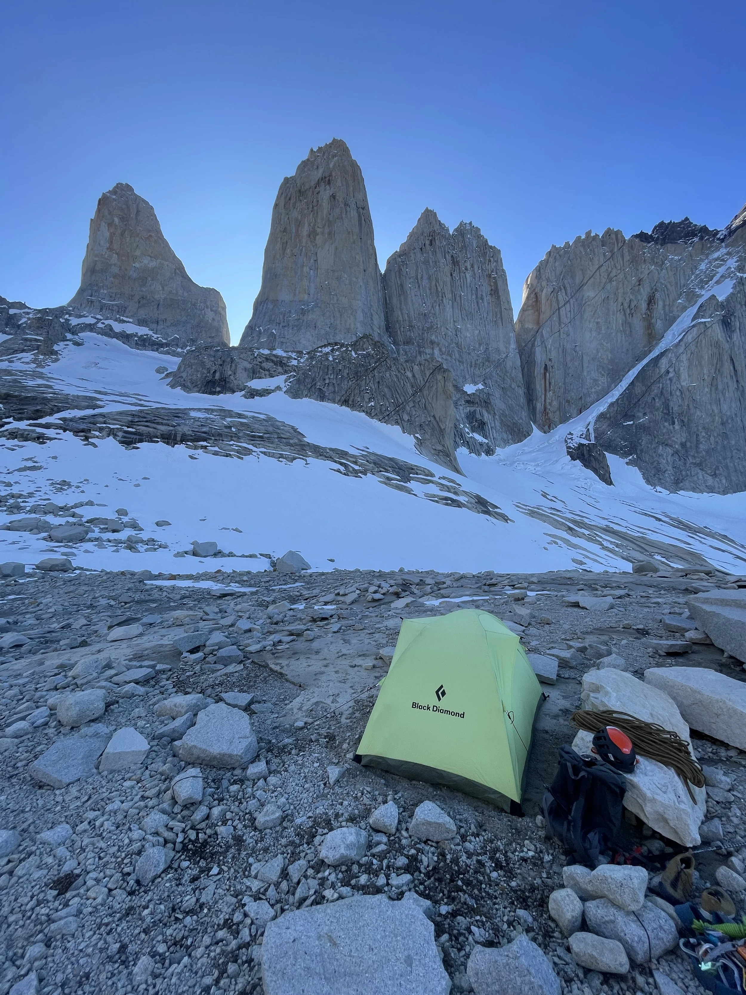 Base camp below the Torres del Paine, on a guided climbing trip with Paine Mountain Guides, a locally owned and operated guides company that run many different trips in Torres del Paine, in Chilean patagonia.