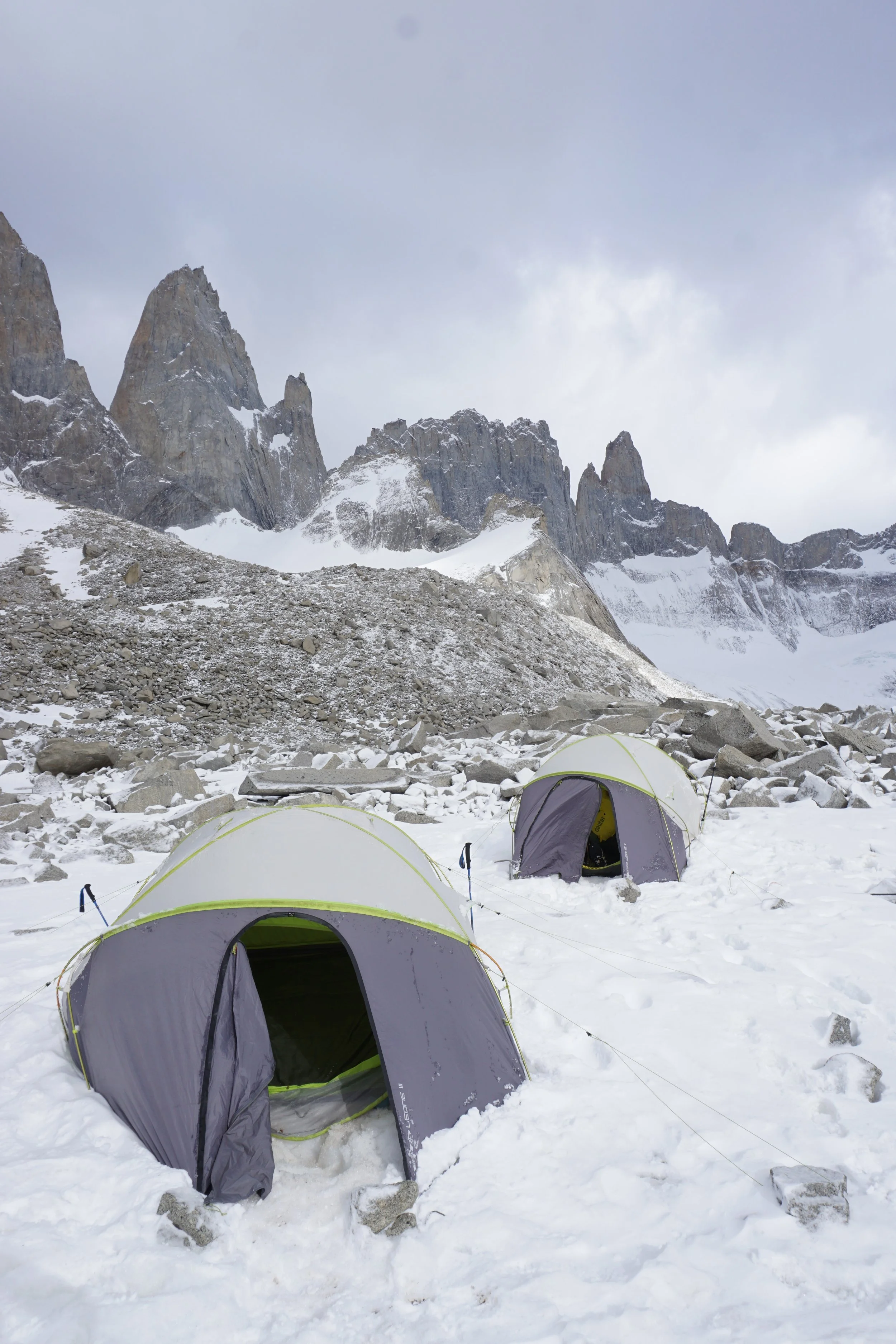 Base camp in Valle Bader, on the Roller Coaster Traverse, on a guided climbing trip with Paine Mountain Guides, a locally owned and operated guides company that run many different trips in Torres del Paine, Chilean Patagonia.