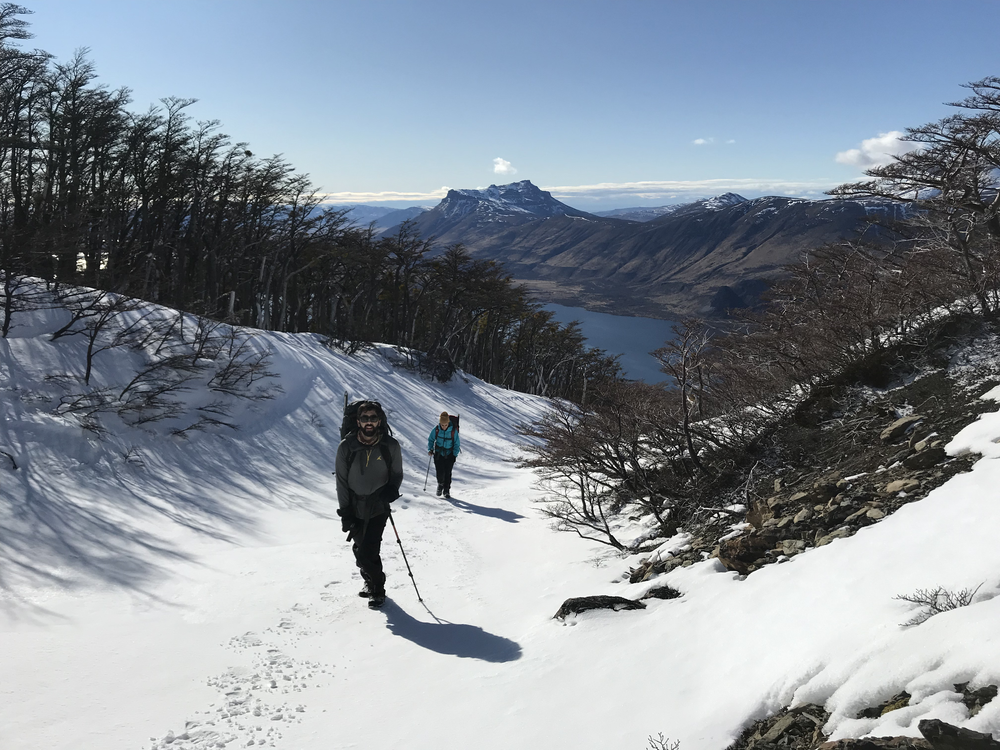 Two guests climbing on Mount Tenerife, on a guiding climbing trip with Paine Mountain Guides, a locally owned and operated guides company that run many different trips in Torres del Paine National Park, Patagonia