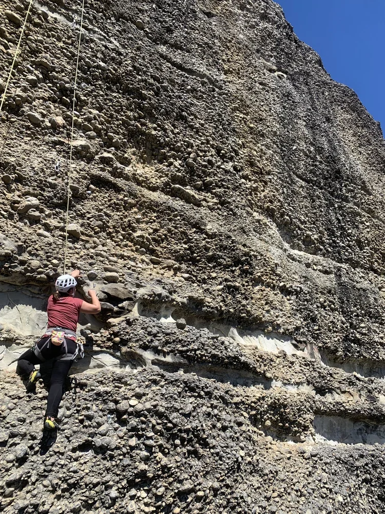 A guest climbing at Laguna Sofia, Puerto Natales, on a guiding climbing trip with Paine Mountain Guides, a locally owned and operated guides company that run many different trips in Torres del Paine National Park, Patagonia