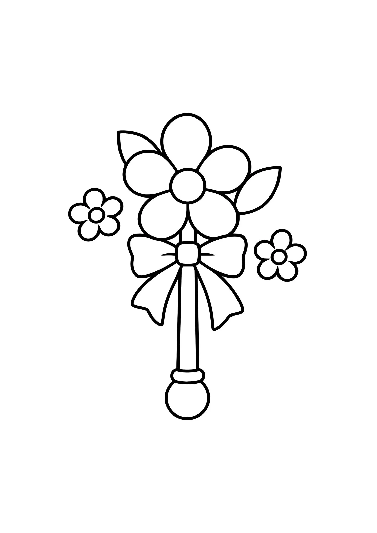 Black-and-white line drawing of a flower magic wand with a large bow, leaves, and two smaller flowers