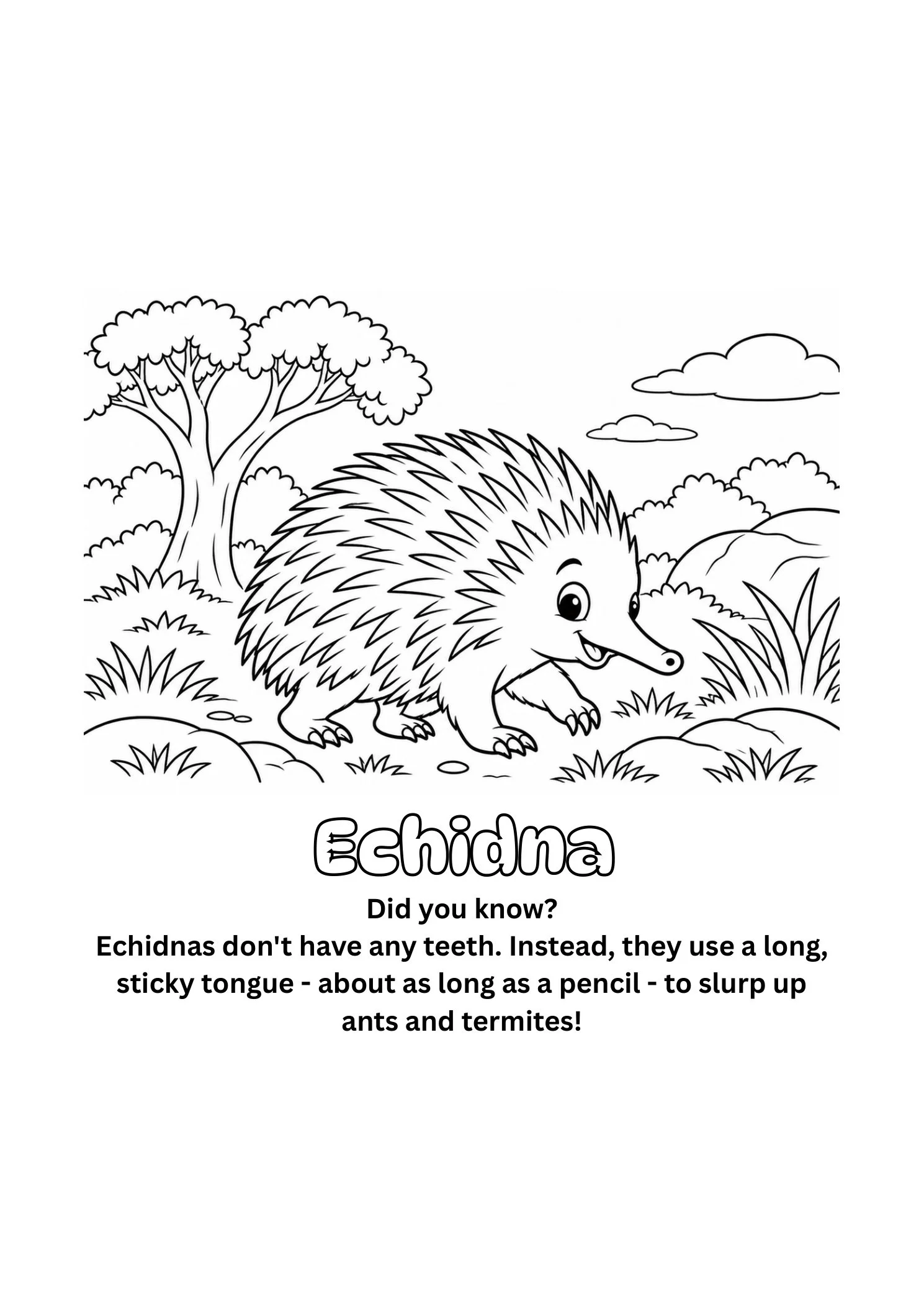 Echidna coloring page showing a spiny echidna in a grassy outdoor landscape with trees, bushes, rocks, and clouds; text explains that echidnas use long sticky tongues to eat ants and termites.