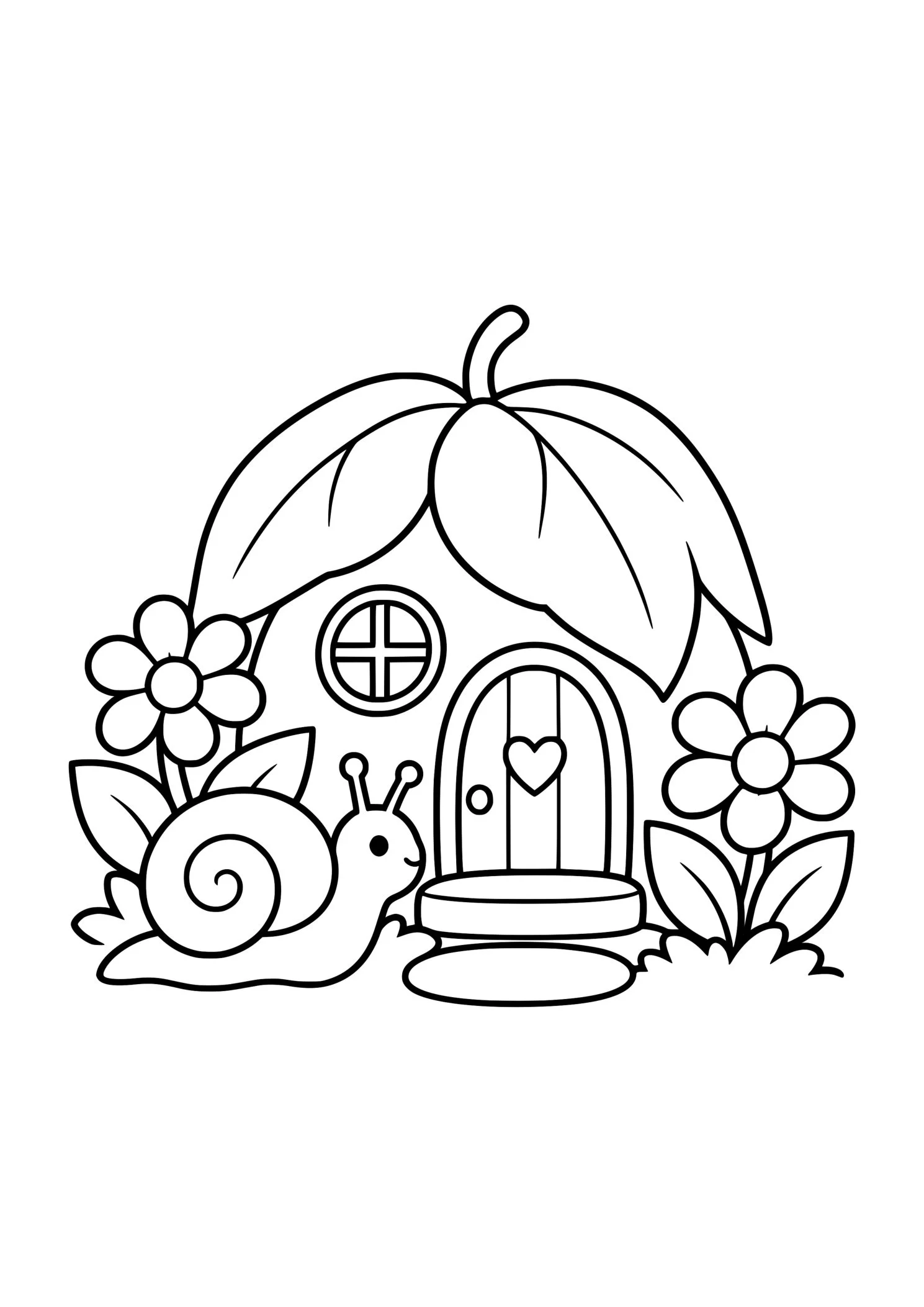 Cute snail beside a flower-covered mushroom house with a heart-shaped door