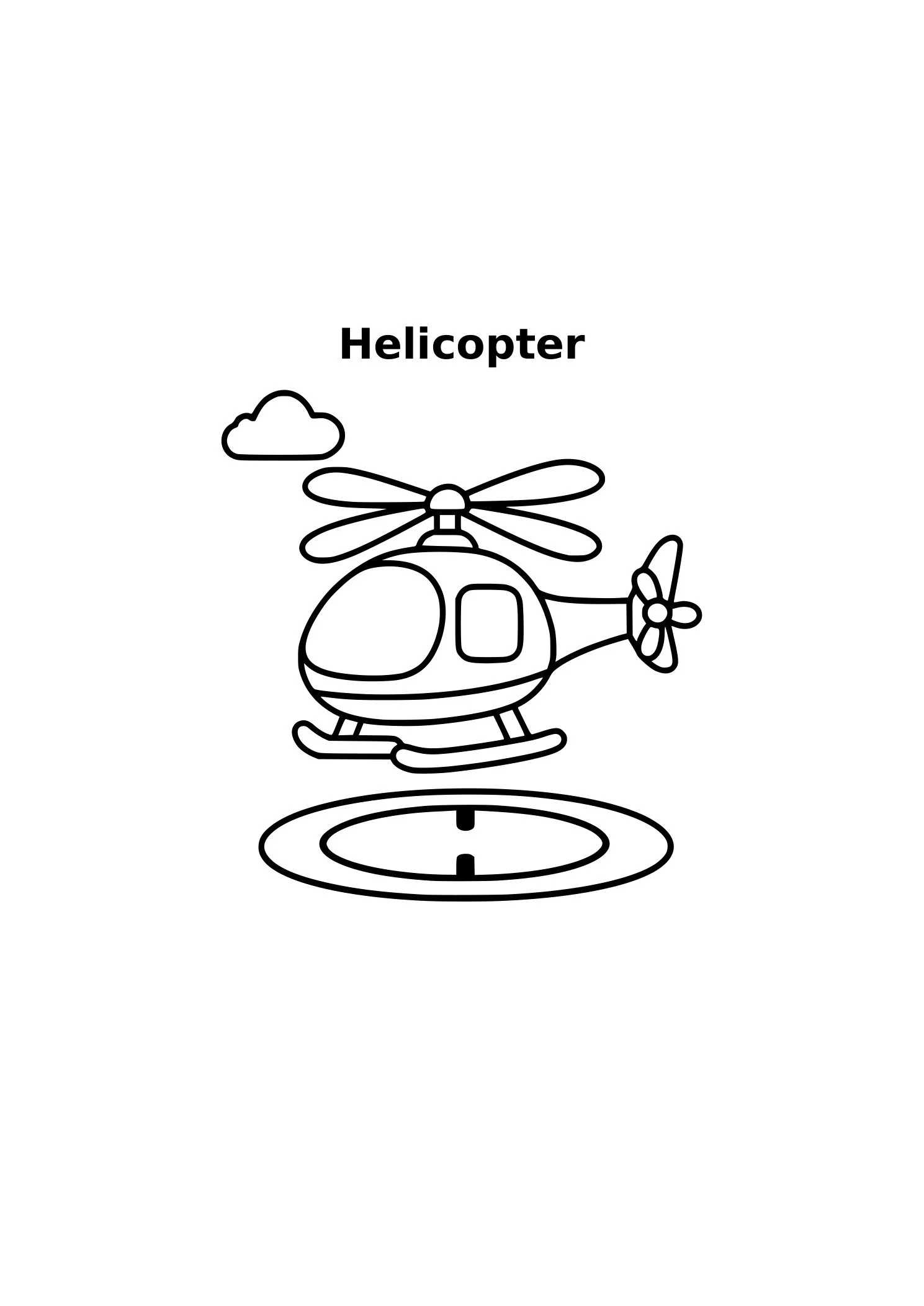 Black-and-white helicopter coloring page with a cloud, landing skids, and helipad.