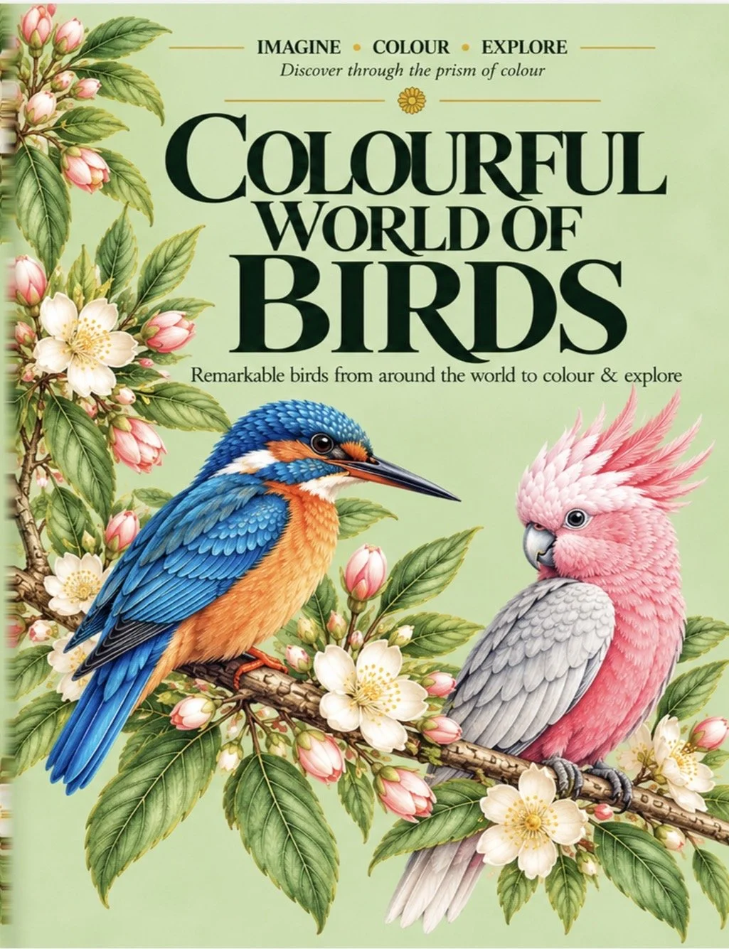 Book cover titled “Colourful World of Birds,” featuring a blue kingfisher and pink cockatoo perched among flowering branches.