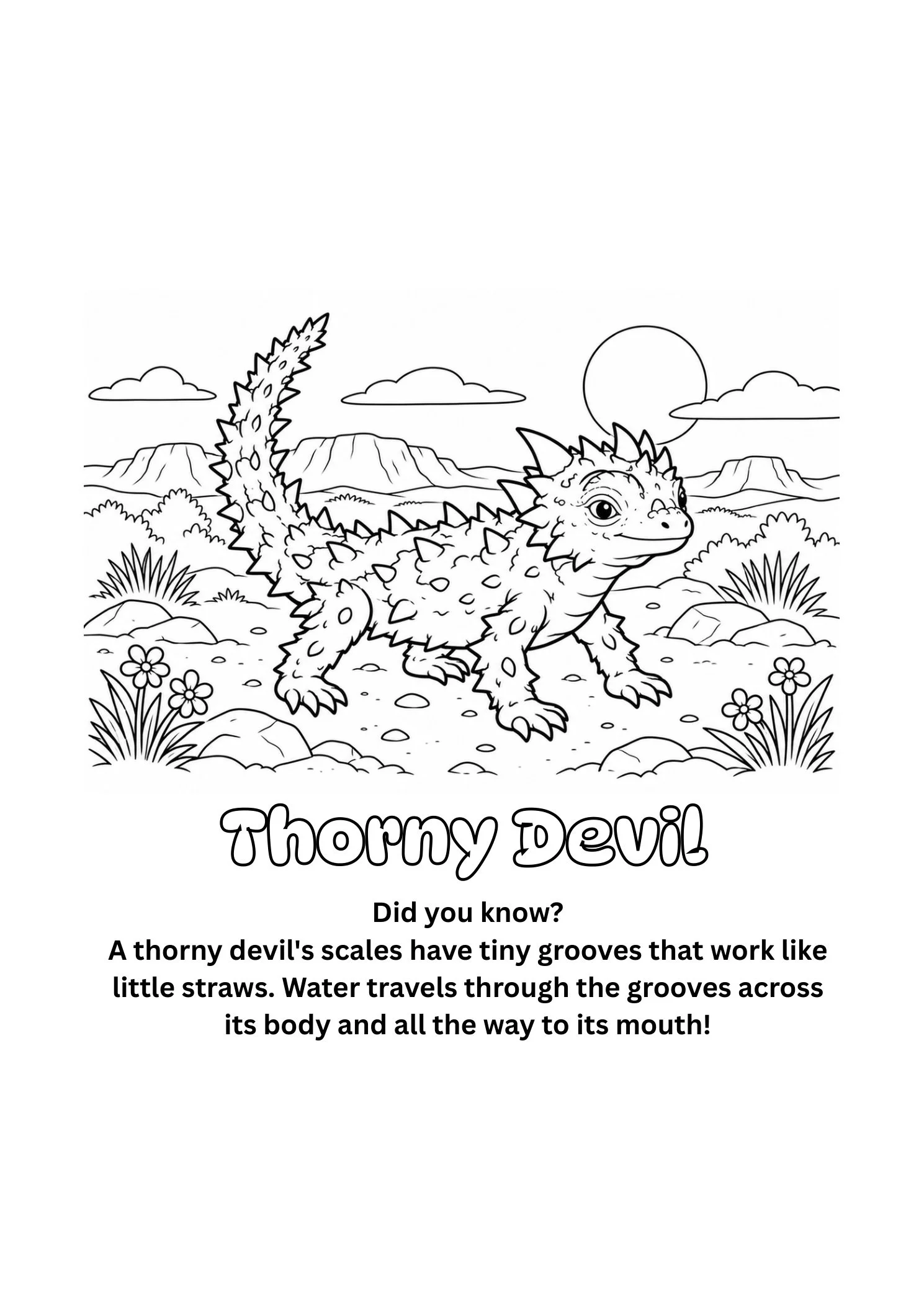 Thorny devil lizard coloring page in a desert landscape with mountains, flowers, and a fun fact about how its scales channel water to its mouth.
