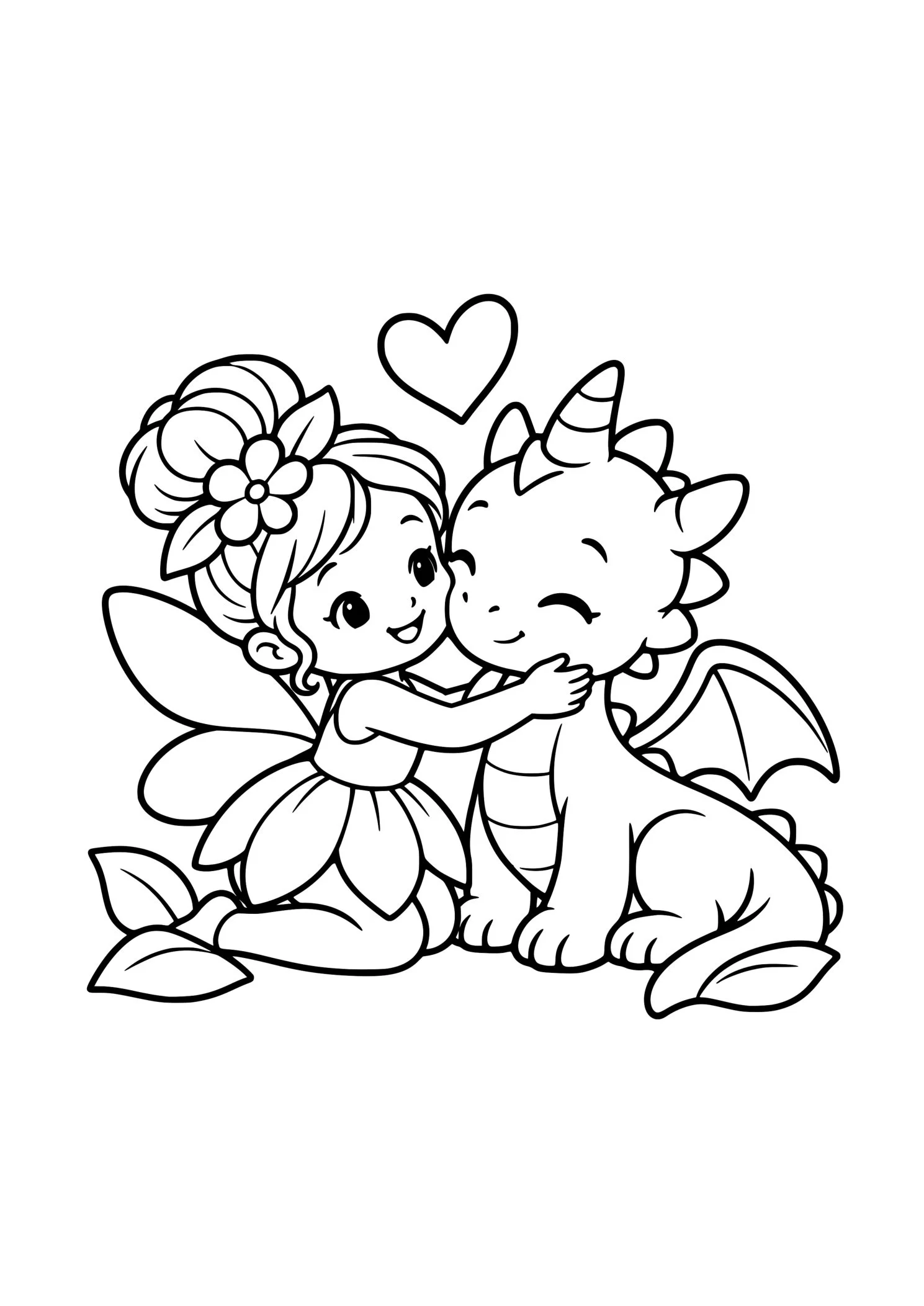 Black-and-white coloring page of a girl hugging a smiling baby dragon, with a heart above them and flowers around them.
