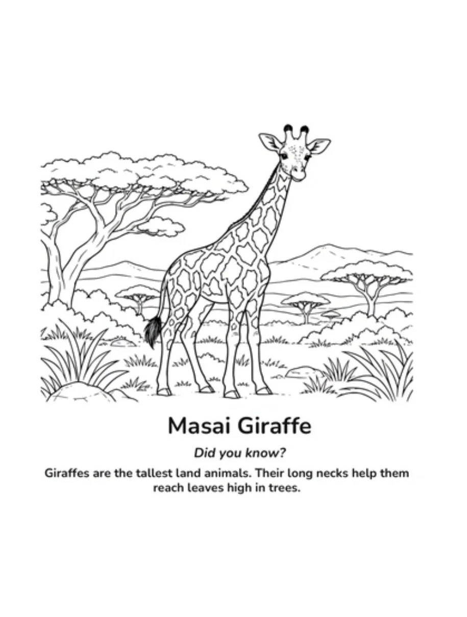 Black-and-white Masai giraffe coloring page in an African savanna, with acacia trees, grass, mountains, and educational text about giraffes.