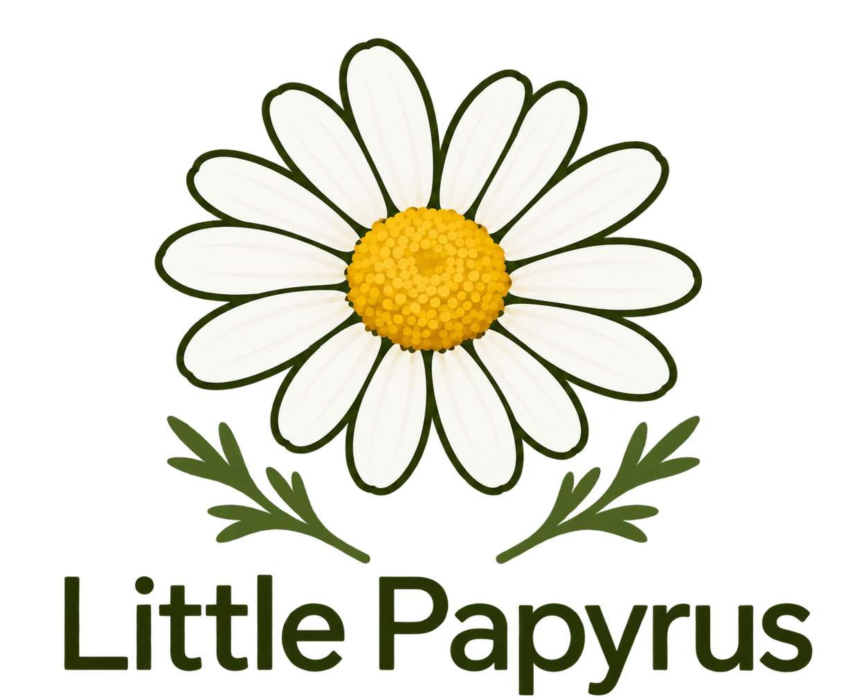 Daisy flower logo with green leaves and the text “Little Papyrus”