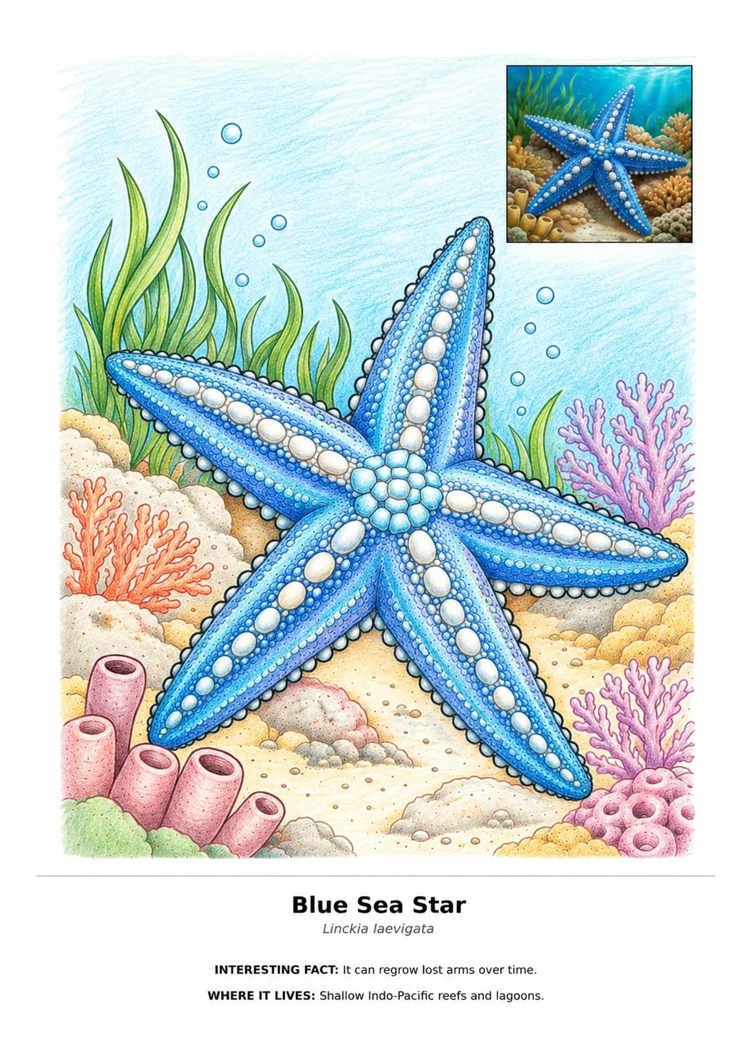 Illustrated blue sea star (Linckia laevigata) on a shallow Indo-Pacific coral reef, with seaweed, coral, bubbles, and an inset underwater photo.