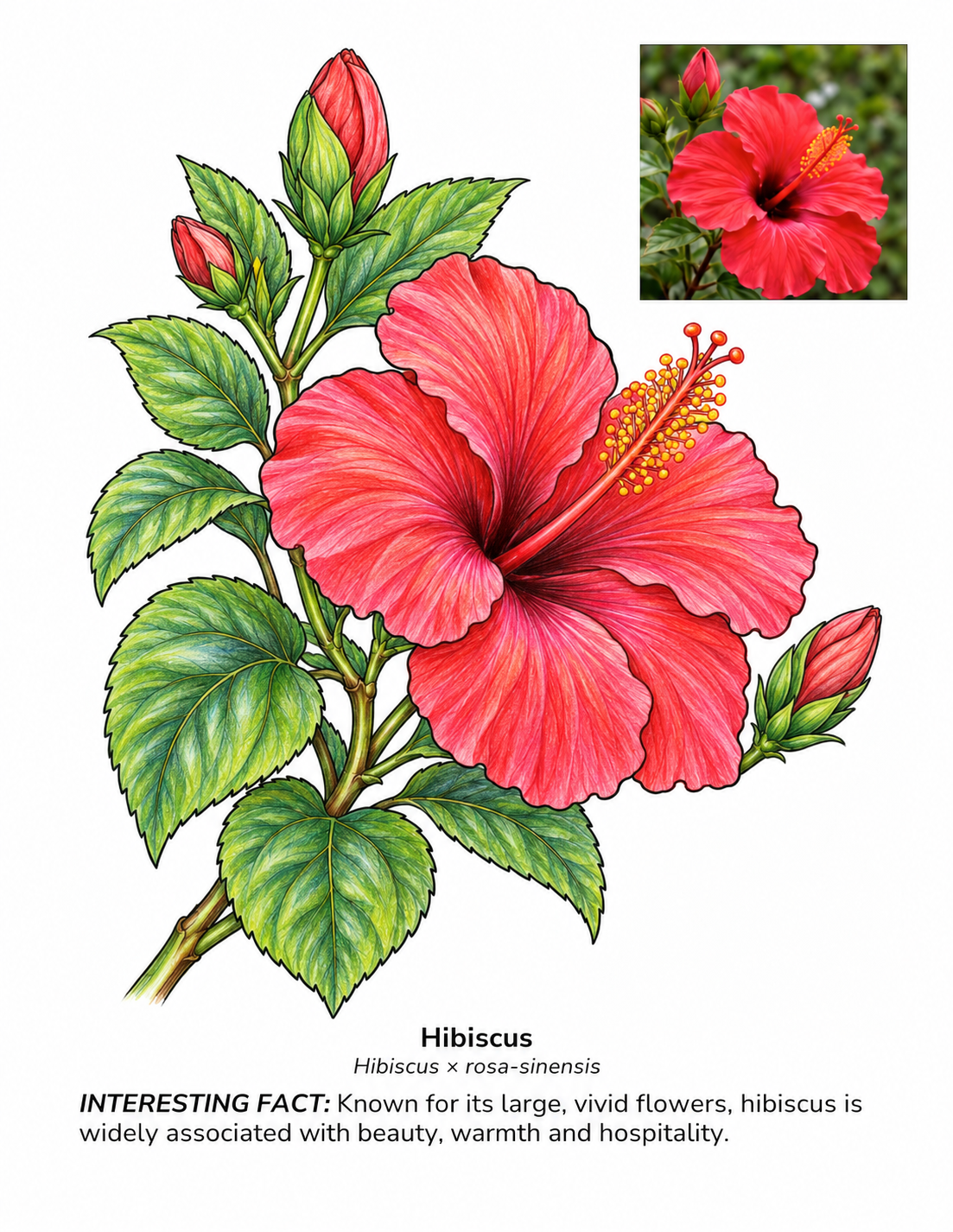 Illustrated red hibiscus flower with green leaves and buds, labeled Hibiscus × rosa-sinensis, alongside a reference photo.