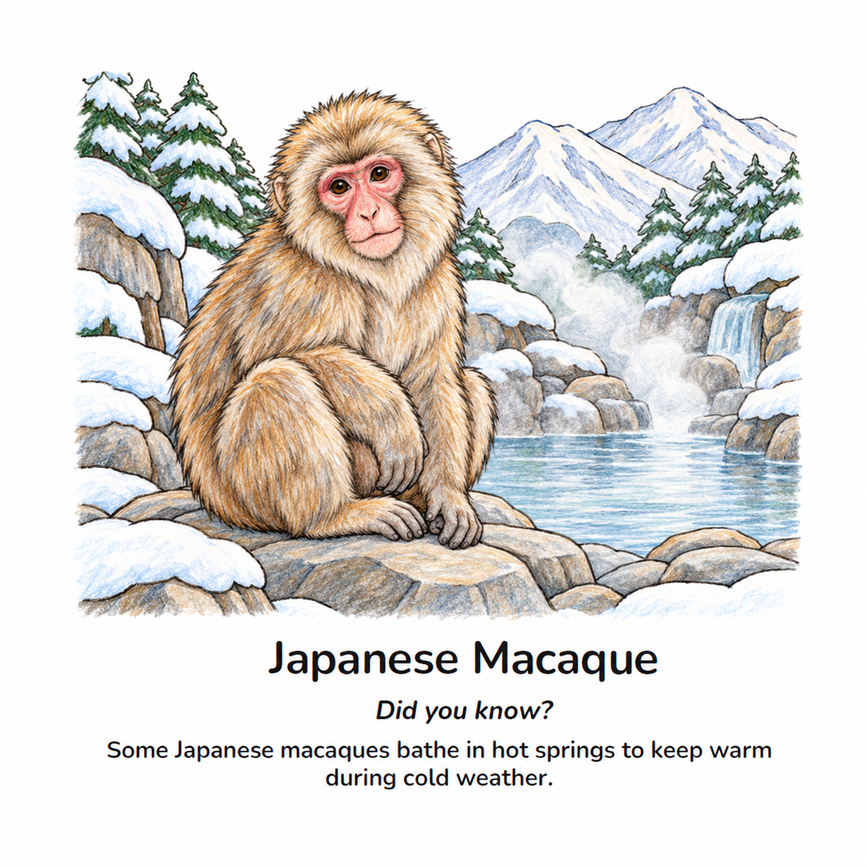 Illustration of a Japanese macaque sitting beside a snowy hot spring with mountains, evergreen trees, and a waterfall; text explains that Japanese macaques bathe in hot springs during cold weather.