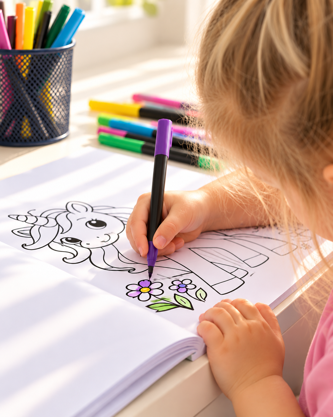 Child coloring a unicorn coloring book with a purple marker, surrounded by colorful pens.