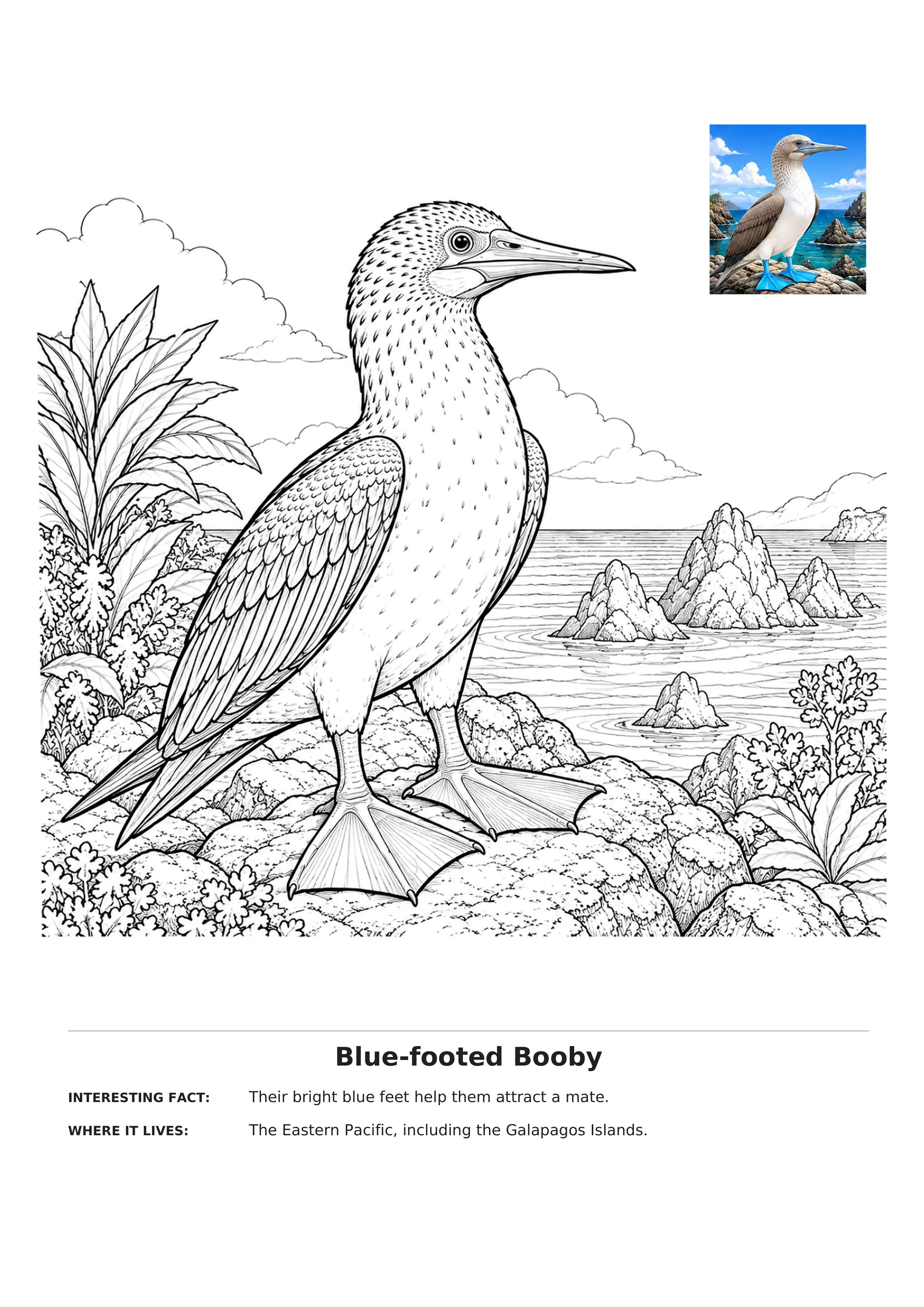Blue-footed booby coloring page with a coastal island scene, smaller color reference image, and habitat facts