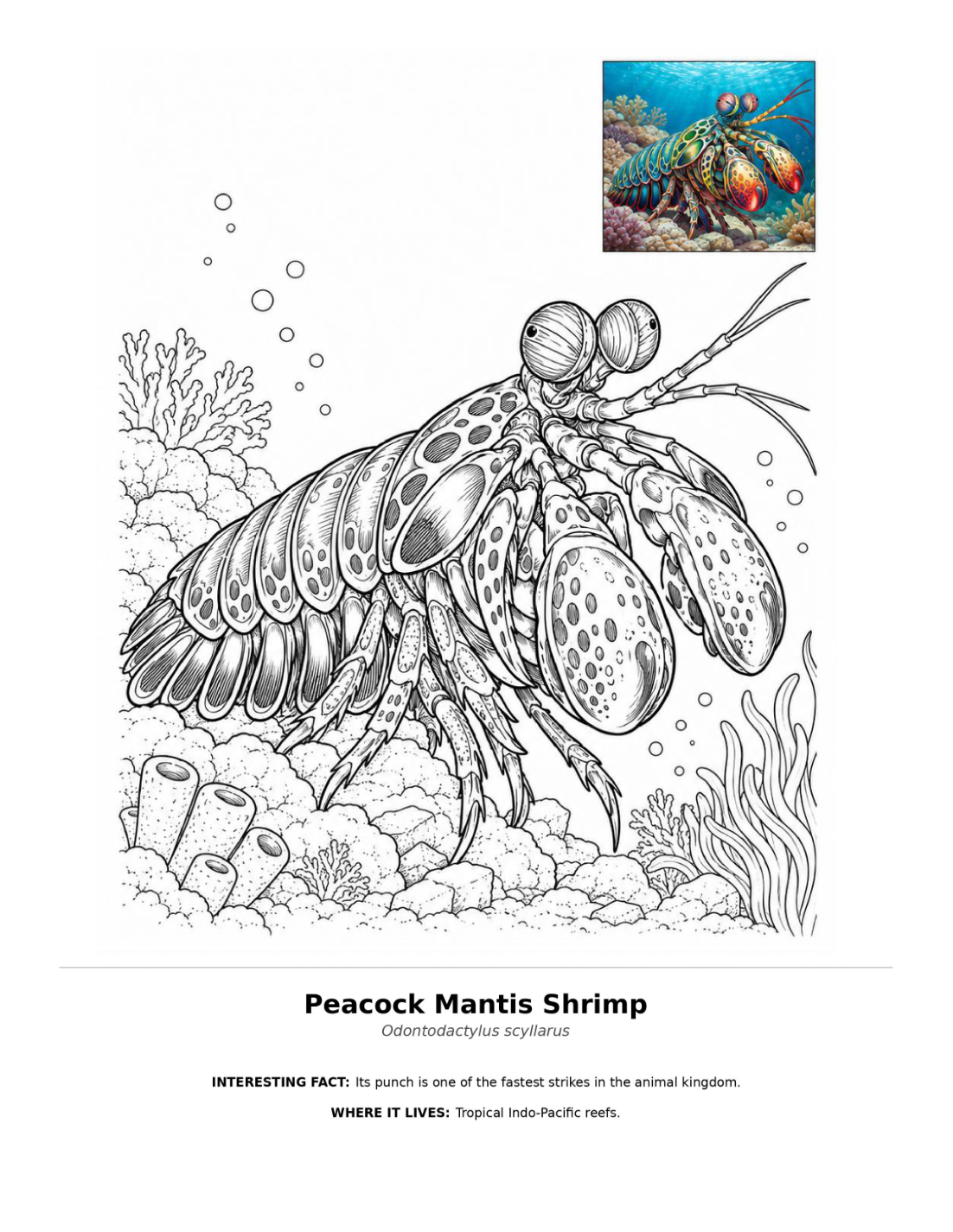 Peacock Mantis Shrimp colouring illustration