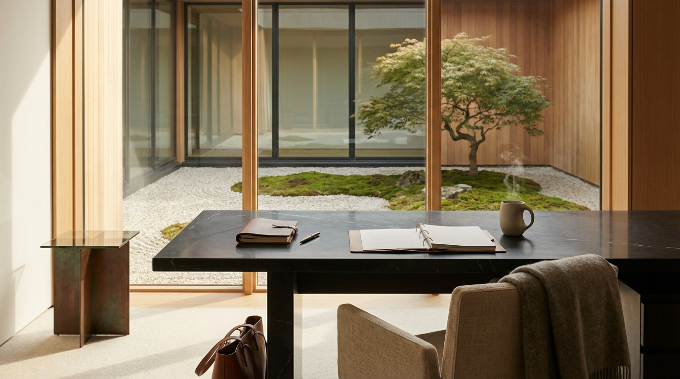 A modern home office with a black desk, beige chair, and a view of a Zen garden with moss and a small tree through large glass windows.