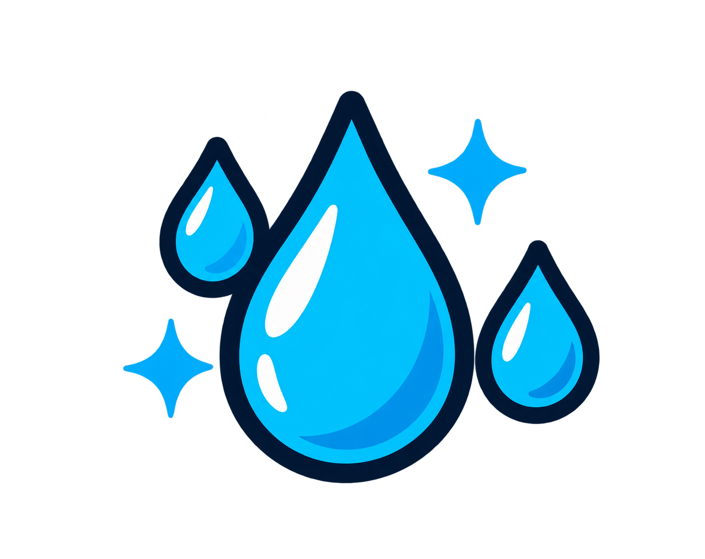 A digital illustration of three blue water droplets with white highlights and dark blue outlines, accompanied by two small blue sparkling stars.