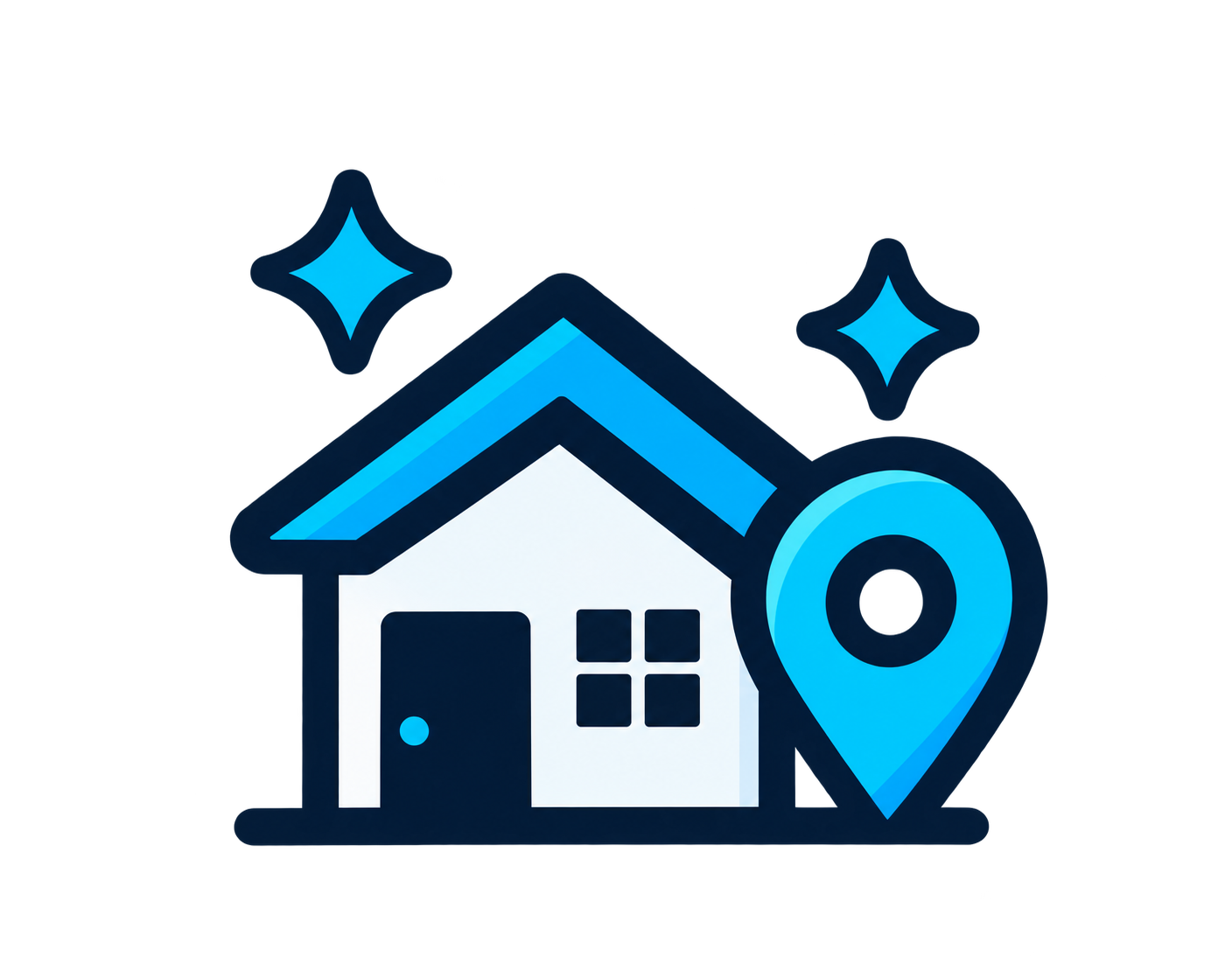 A house icon with a location pin in front of it, surrounded by two sparkles, representing real estate or property location.