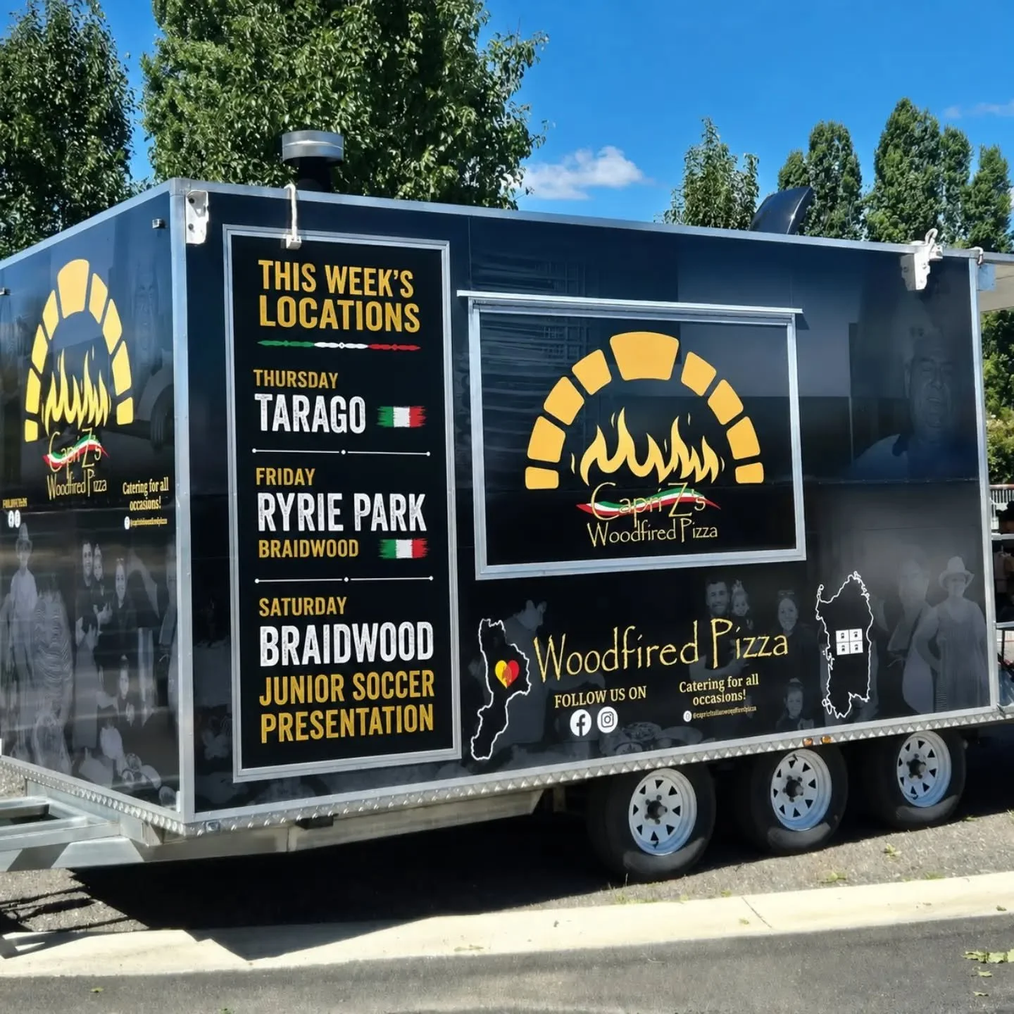 Food truck advertising Woodfired Pizza with weekly locations listed, including Tarago, Ryrie Park, Braidwood, and Junior Soccer Presentation, with logos, social media, and images of children.