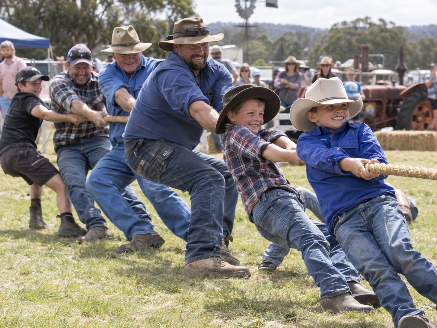 People participating in a tug-of-war game at an outdoor fair, with children and adults pulling a rope, all smiling and wearing cowboy hats.