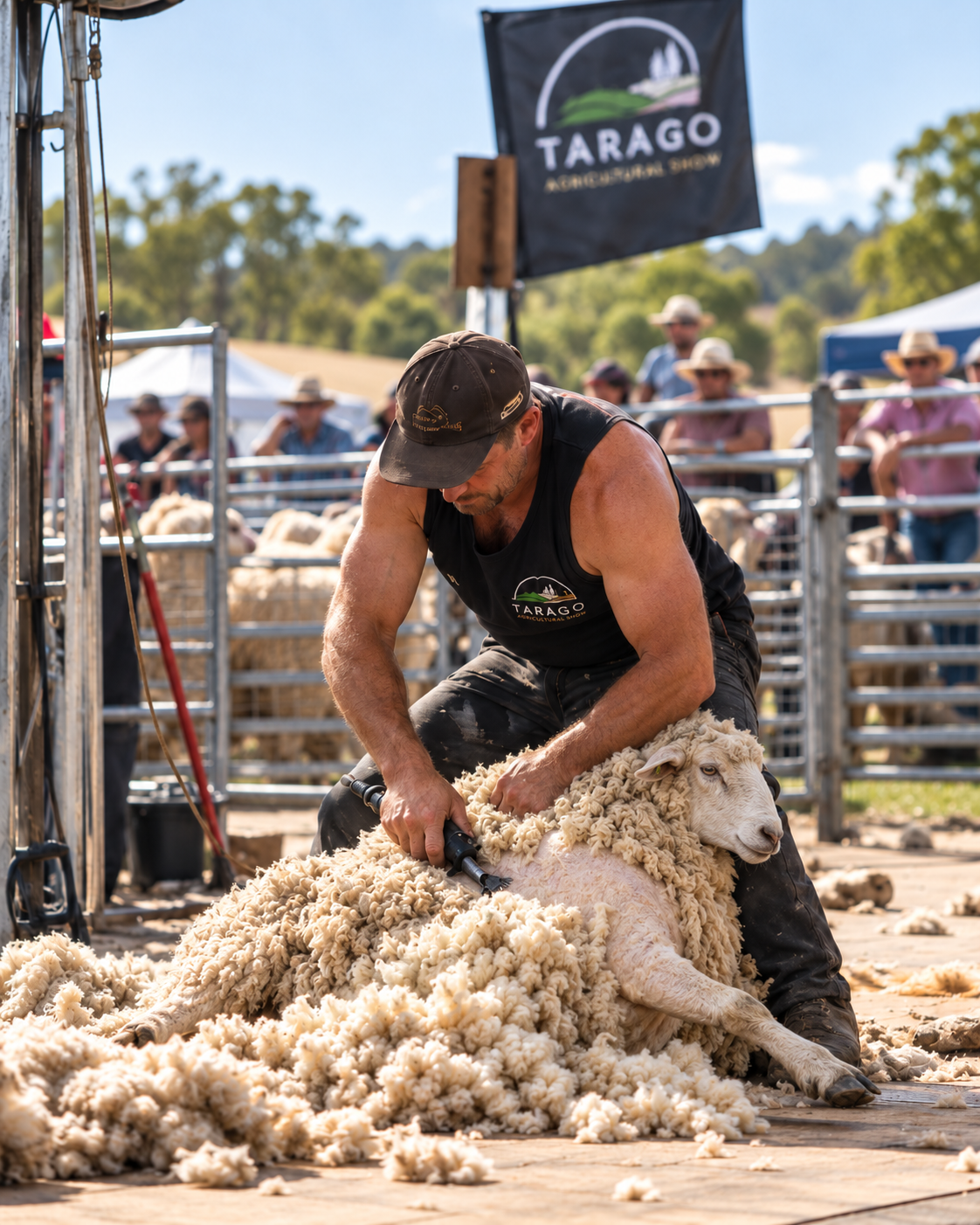 A man shearing a sheep at an agricultural show, with onlookers and a 'Tarago Show' banner in the background.