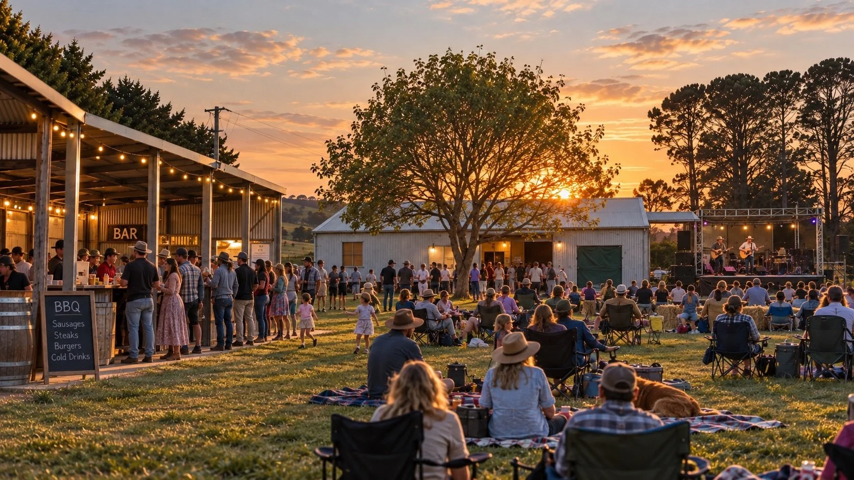 An outdoor concert at sunset with people seated in chairs and on blankets, watching a live band on stage, with food and drink stands nearby and a barn in the background.