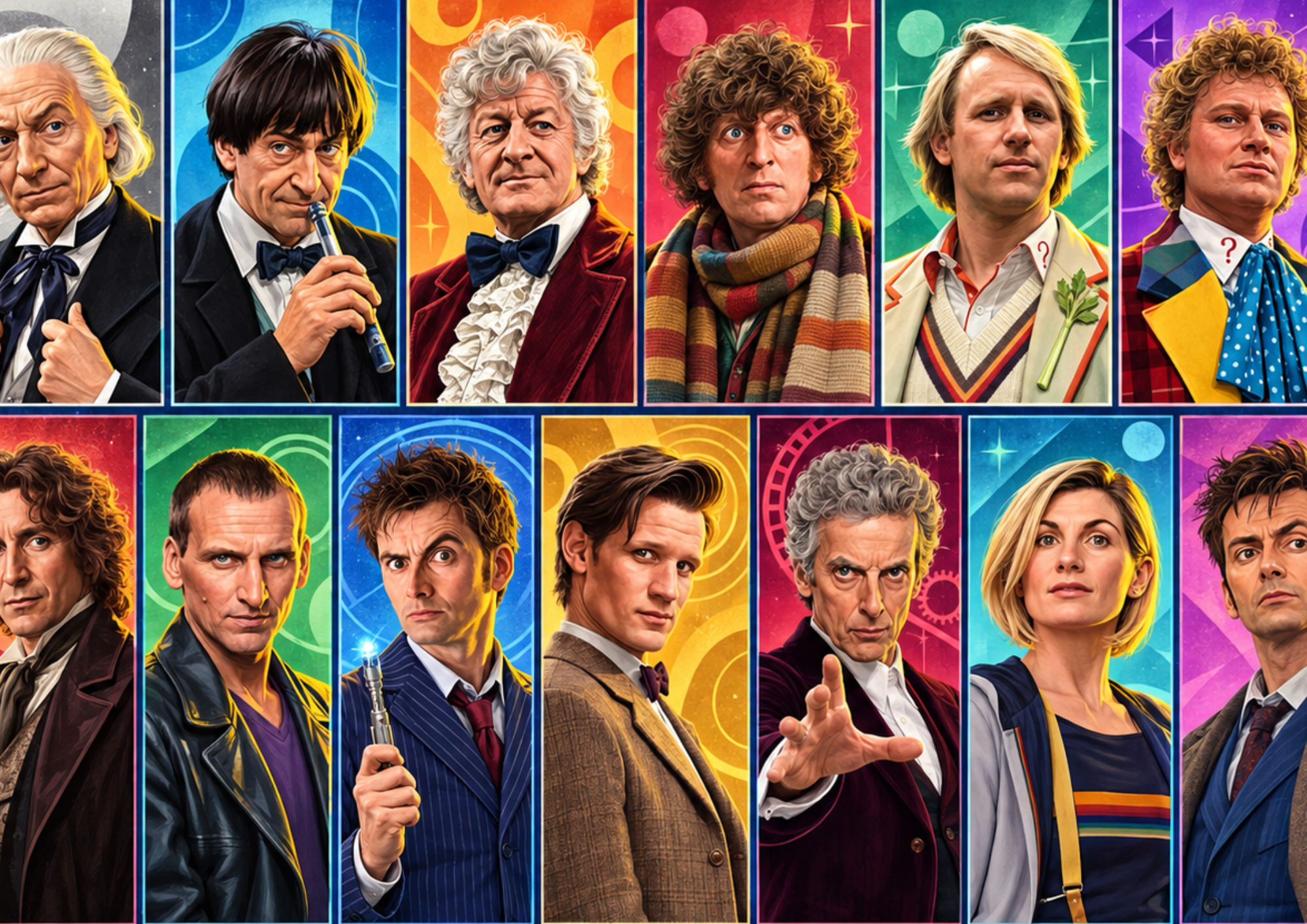 Collage of characters from the television show Doctor Who, each with a colorful background.