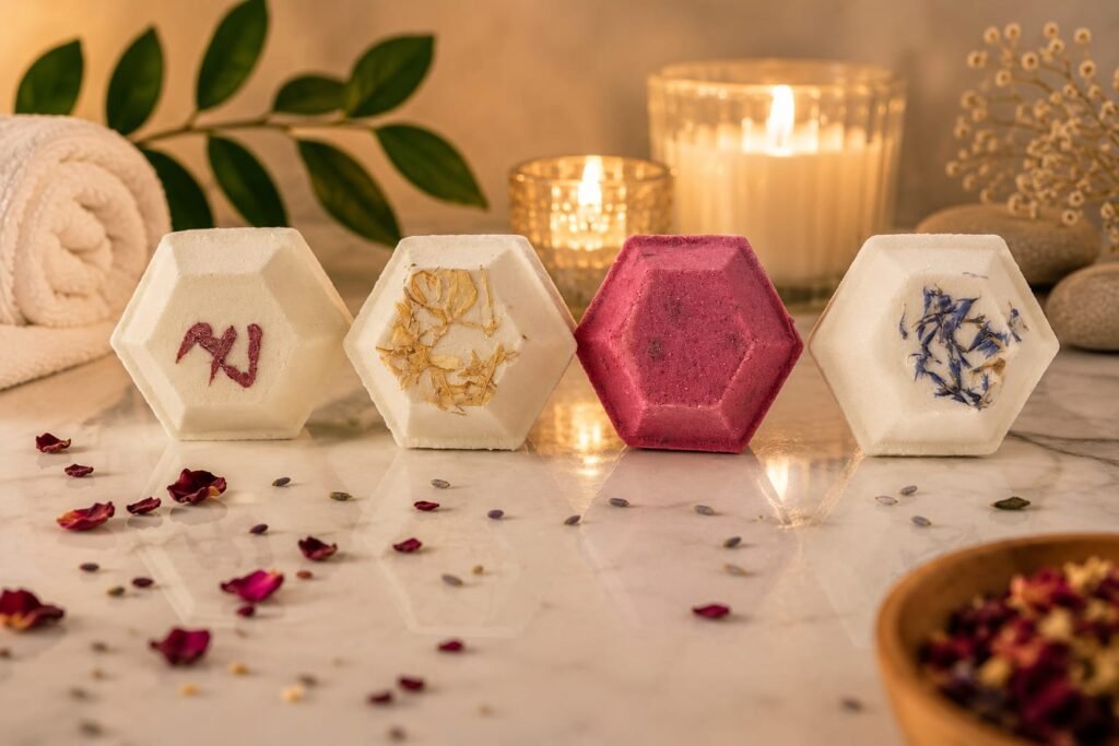 Four hexagonal bath bombs with different colors and designs on a marble surface, surrounded by candles, towels, and dried flower petals in a relaxing spa setting.