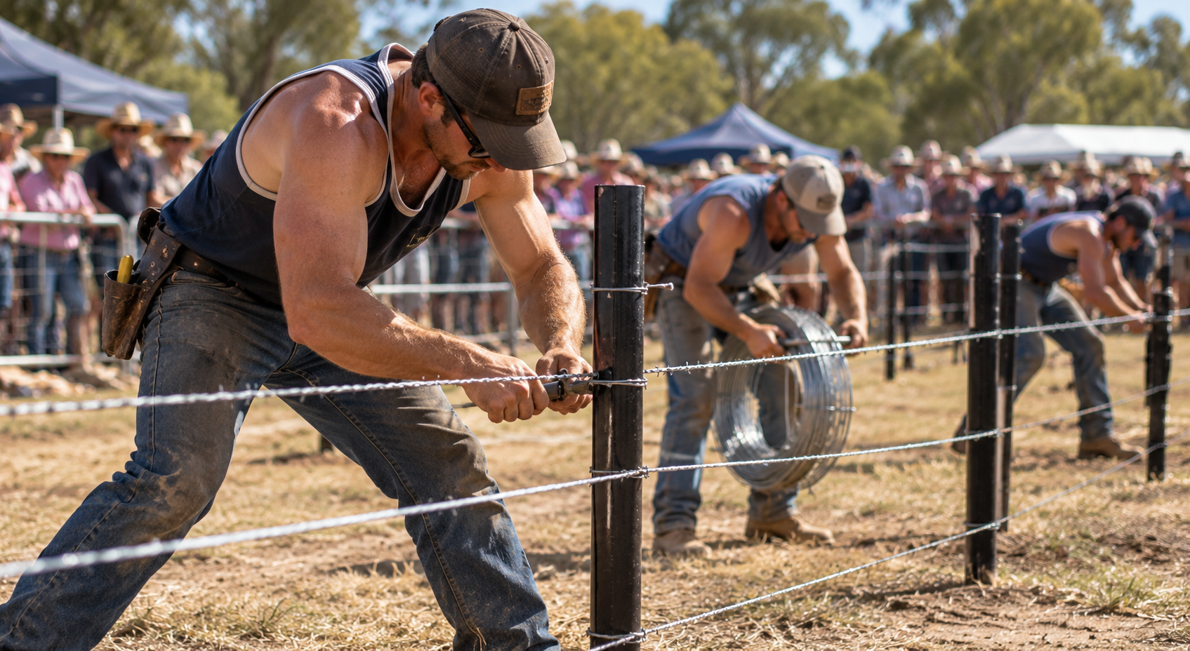 Workers installing barbed wire on a fence at an outdoor event with a crowd of spectators under tents in the background.