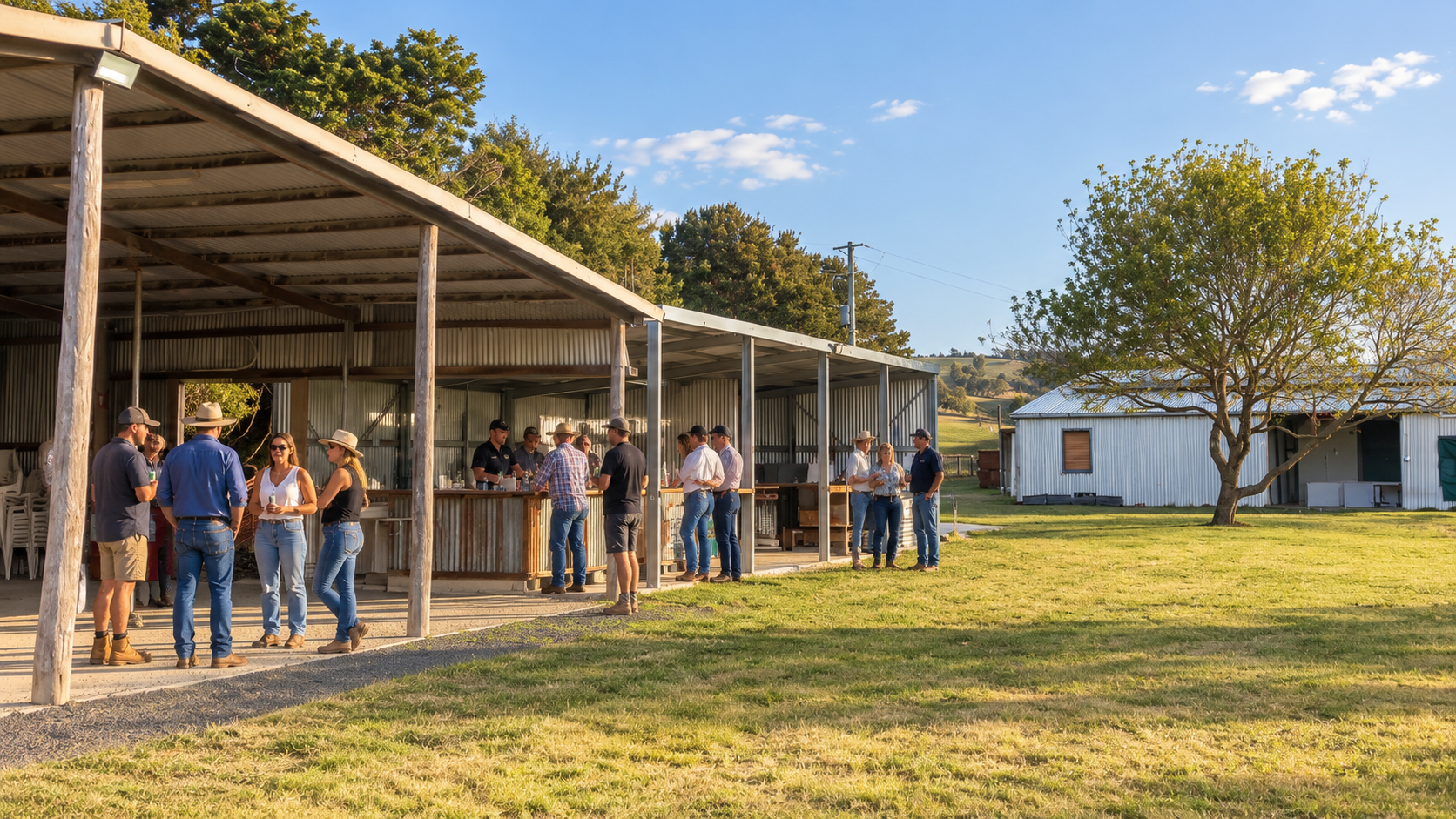 People gathering outside a rustic event space on a sunny day, with some standing and socializing near a bar, under a metal roof structure, in a rural setting with a tree and a white barn in the background.