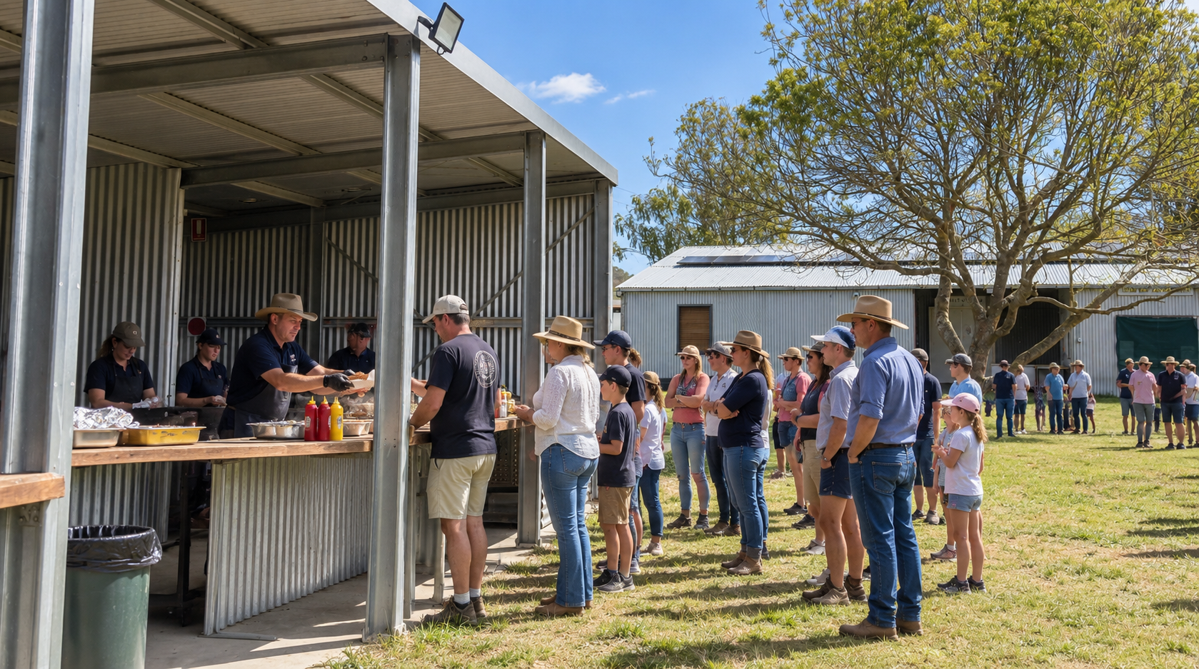 People standing in line outdoors at a food stand on a sunny day, with trees and a large building in the background.