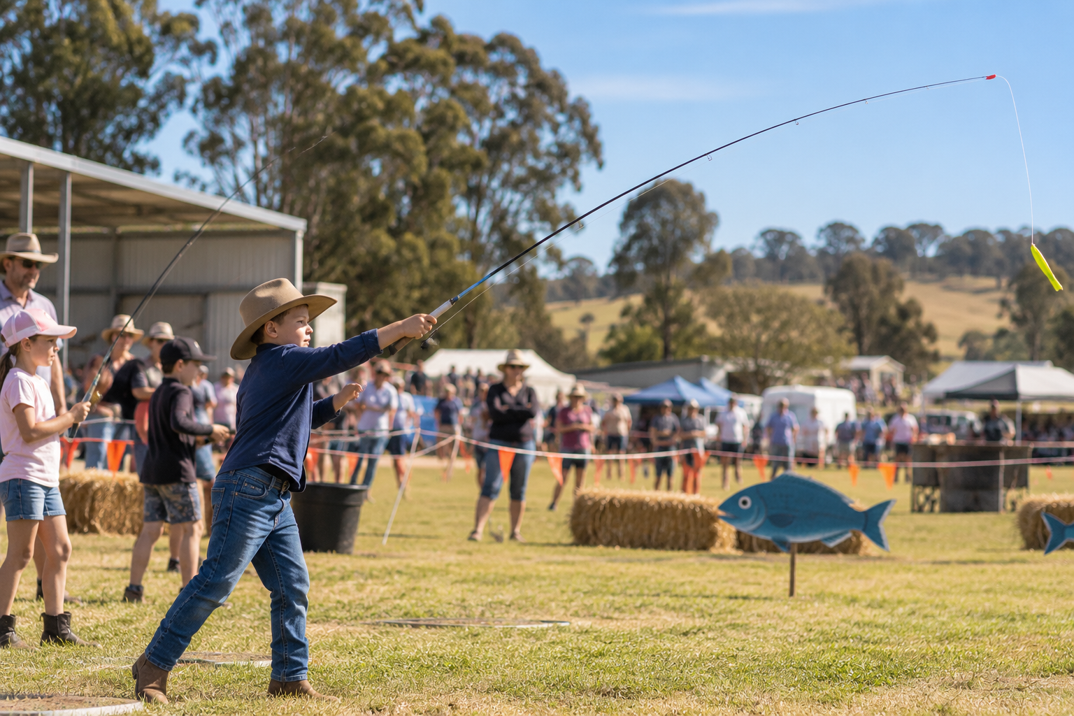 Children and adults fishing at an outdoor fair, with hay bales, tents, and trees in the background on a sunny day.