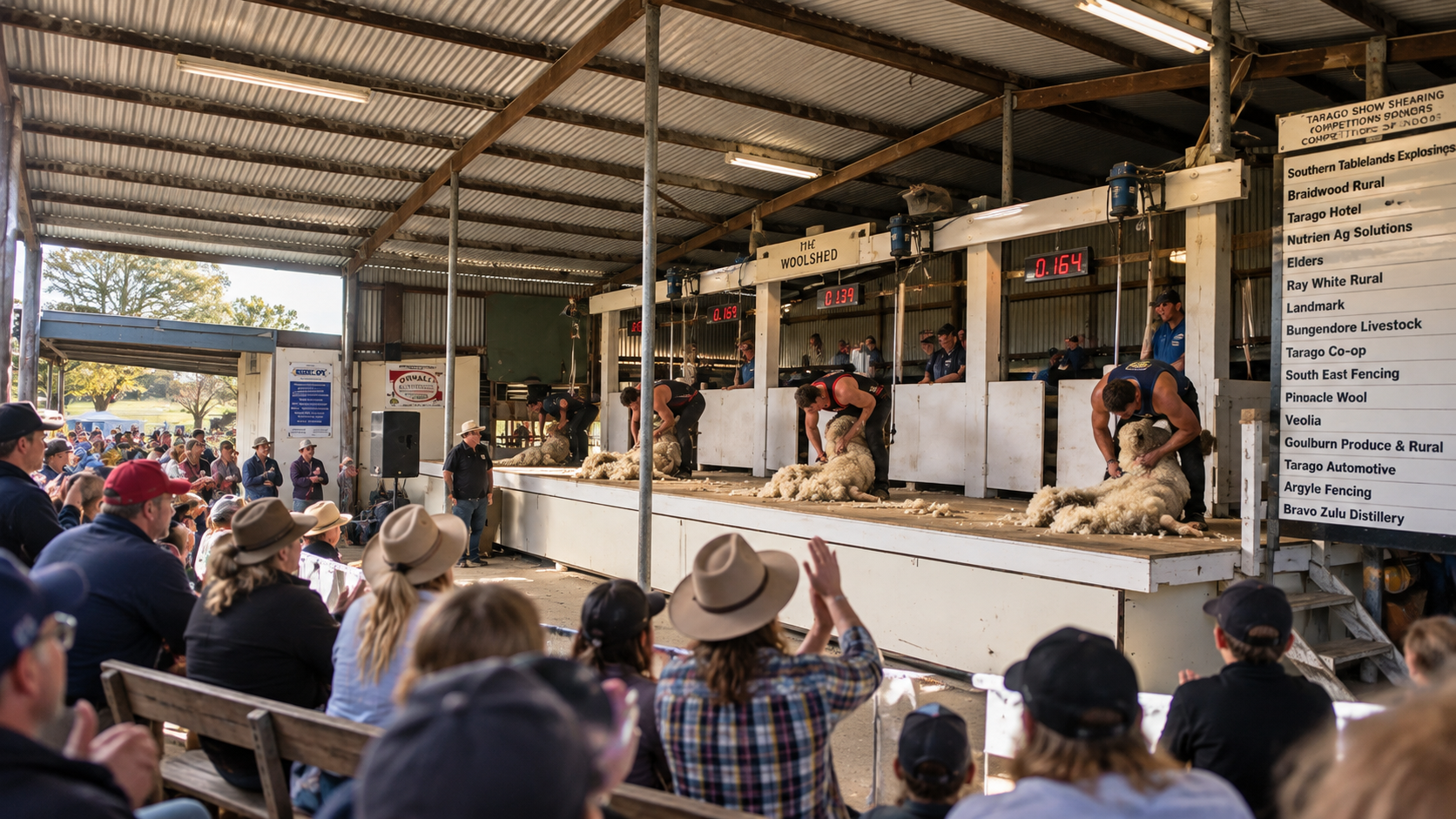 Sheep shearing demonstration at an outdoor agricultural fair with spectators watching, some wearing hats, and multiple shearers on a stage shearing sheep.
