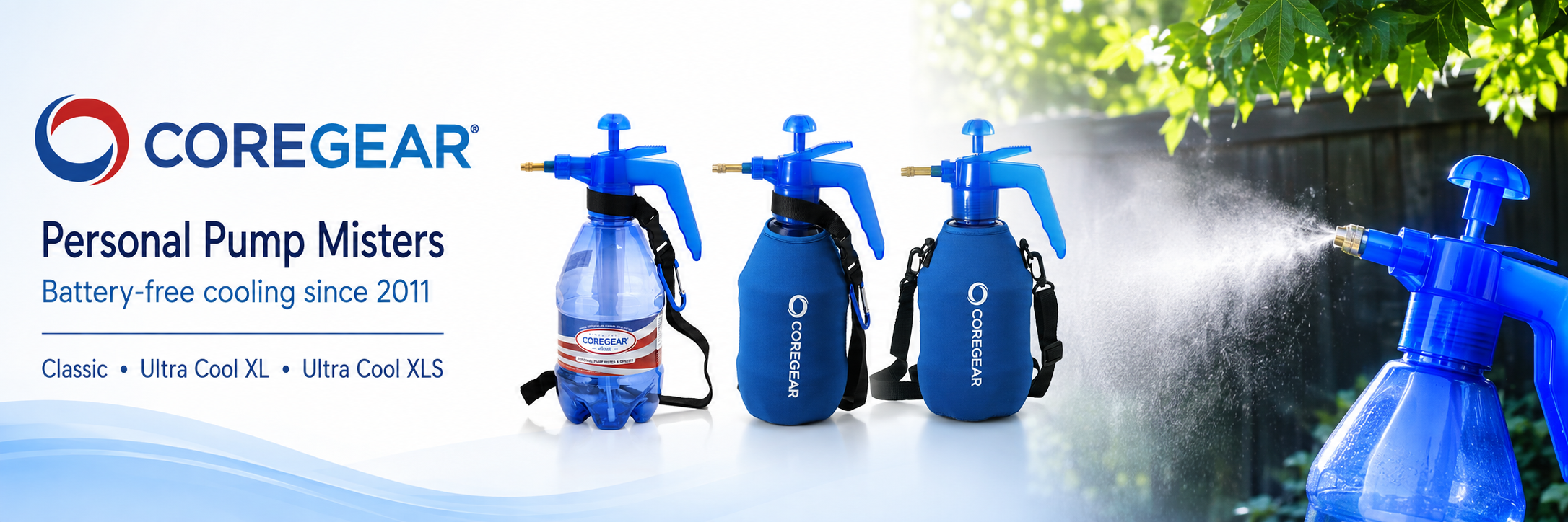 CoreGear personal pump misters including Classic, Ultra Cool XL, and Ultra Cool XLS models