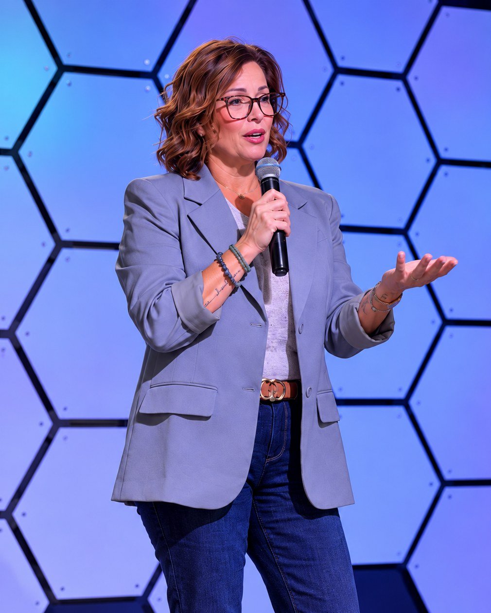 Wende Valentine speaking on stage, gesturing to the audience