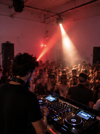 DJ performing at a dance party with a crowd in a dimly lit venue, red and white lights, and fog effects.