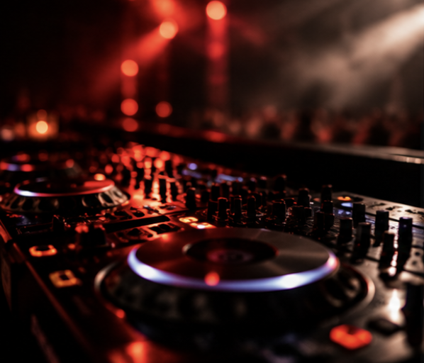 Close-up of a DJ's mixing console with colorful lighting effects at a nightclub or concert.