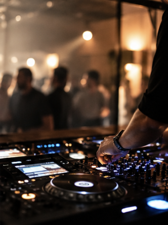DJ playing music at a nightclub or party with a crowd in the background.